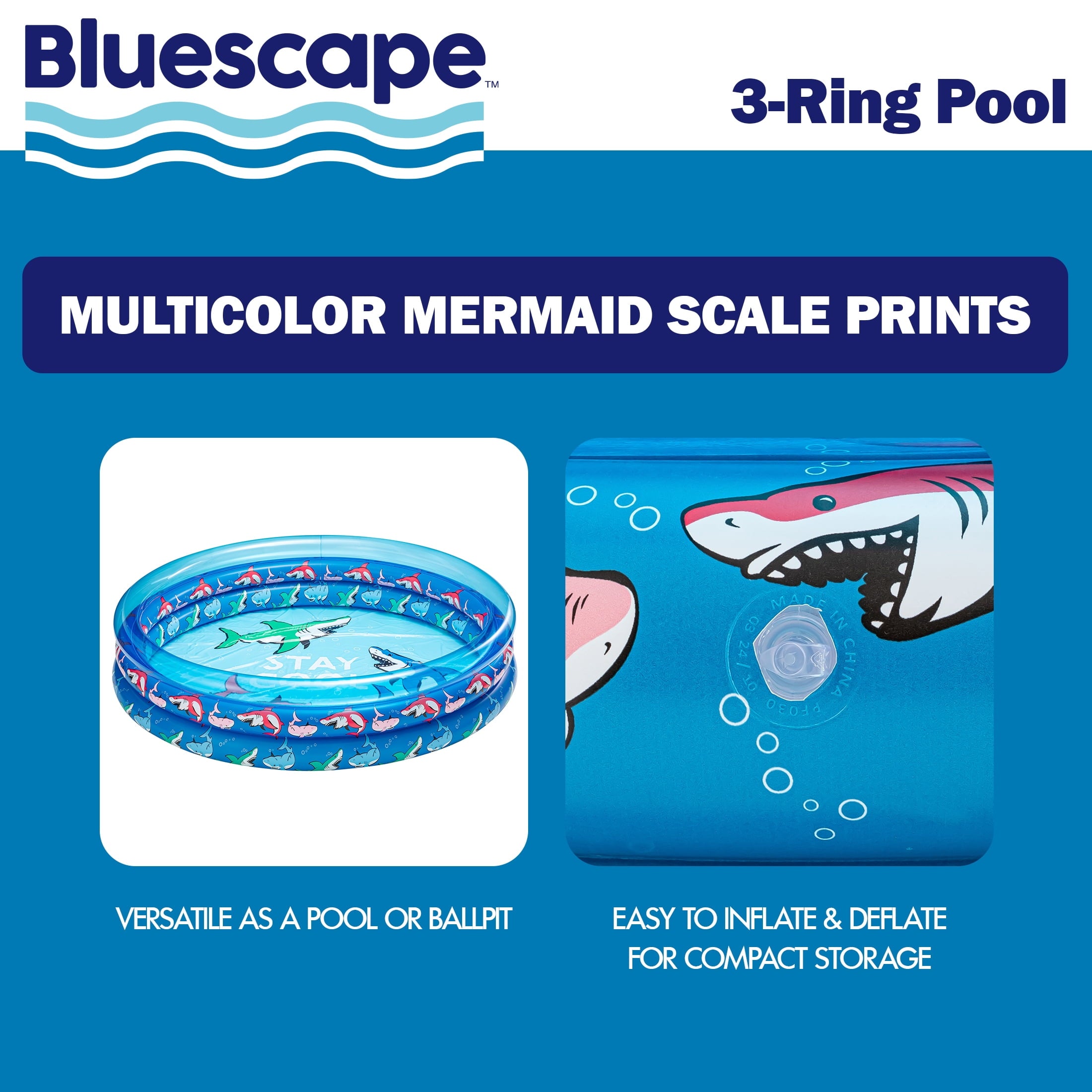 Bluescape Colorful Mermaid Print 3-Ring Inflatable Swimming Pool for Kids, Round, Age 2 & up, Unisex