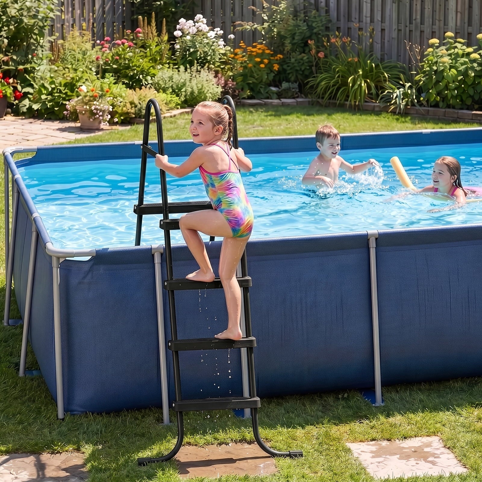Ktaxon 52 4Step Steel Frame Above Ground Swimming Pool Ladder,Heavy Duty Double Sided Removable Pool Steps with Ladder Escape