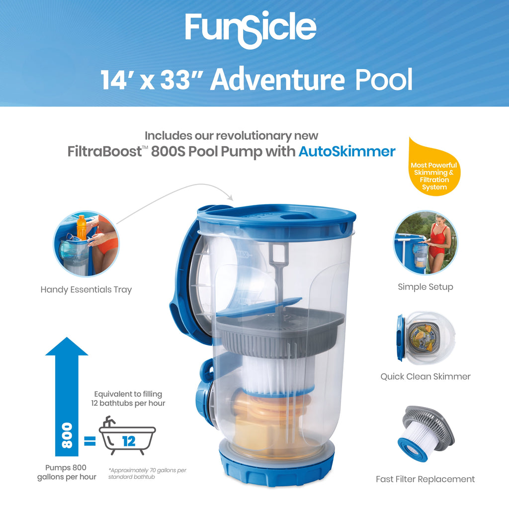 Funsicle 14ft Adventure Above Ground Metal Frame Swimming Pool, Includes FiltraBoost™ 800S Pump with AutoSkimmer, Round, Age 6 & up