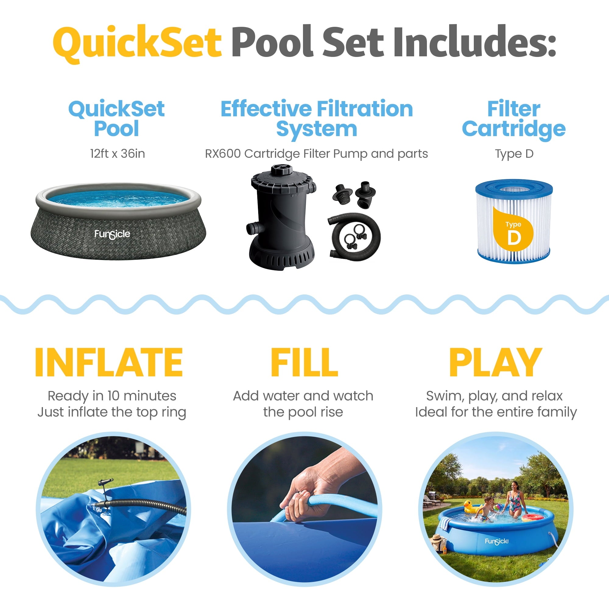 Funsicle Quickset 14’ x 36” Round Inflatable Top Ring Above Ground Swimming Pool Set