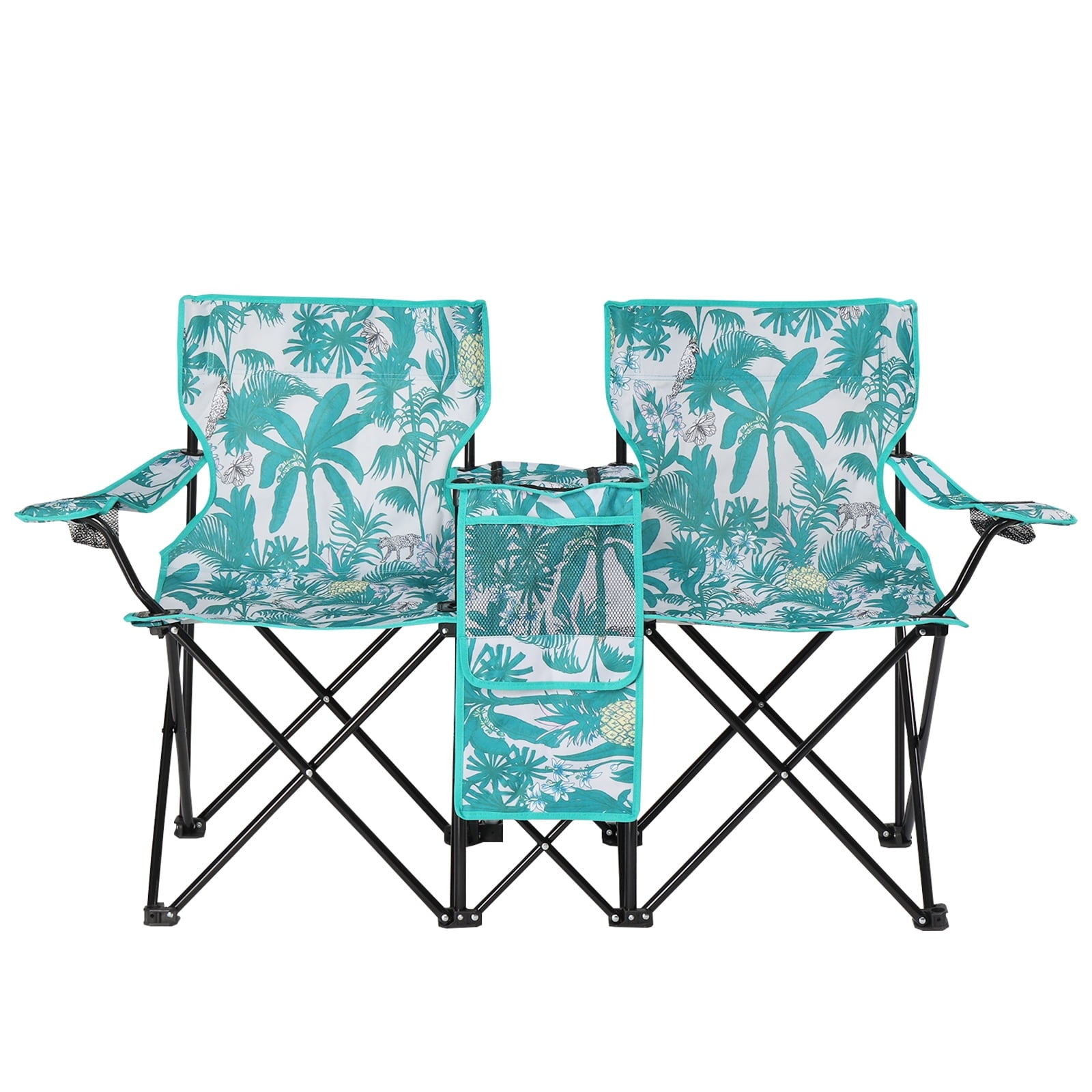 Ktaxon Camping Loveseat Chair, Folding Double Outdoor Chair with Removable Sun Umbrella & Carrying Bag, Double Chairs with Cooler Bag for Lawn Fishing Outdoor, Gray