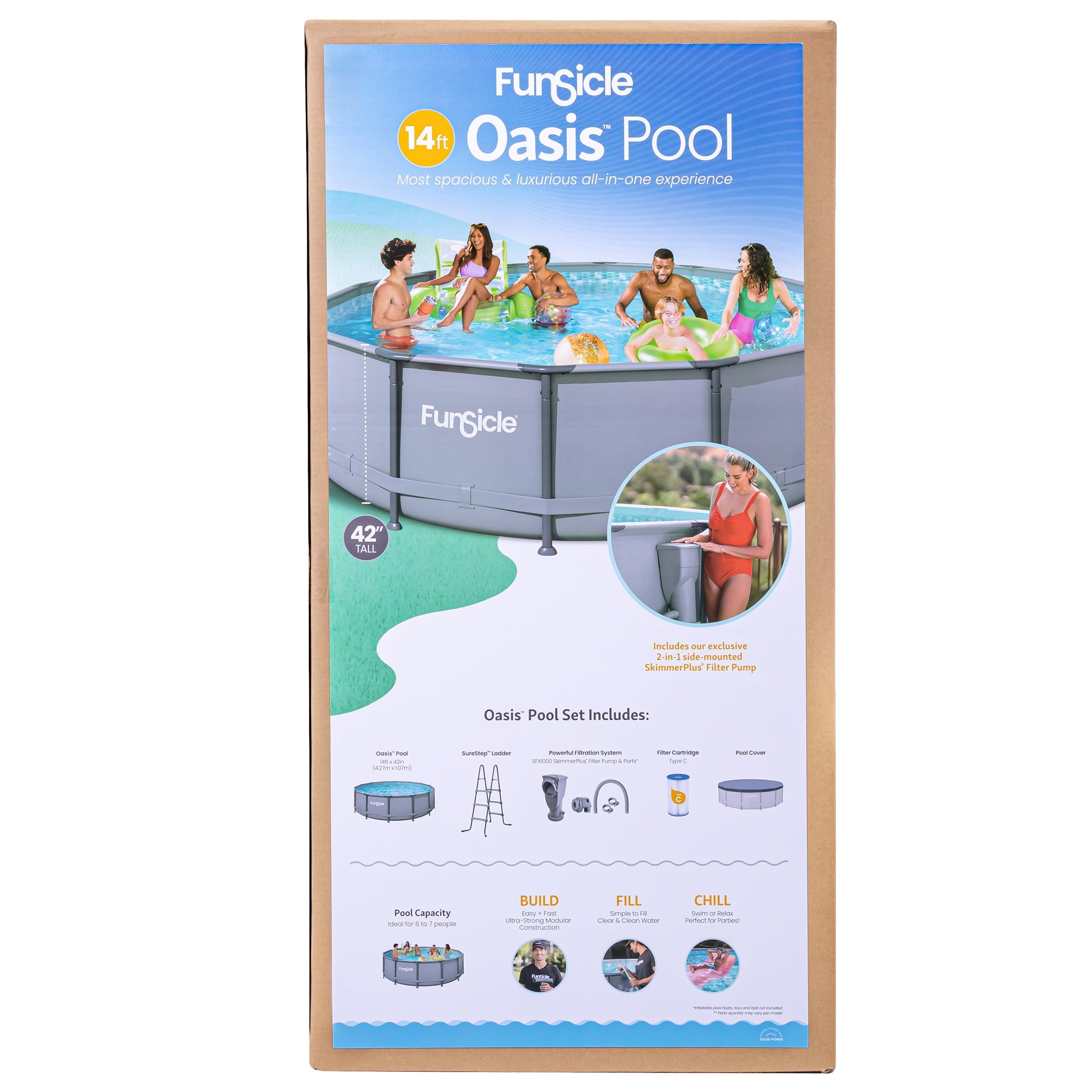 Funsicle 14 ft Oasis Round Above Ground Metal Frame Swimming Pool, Includes SkimmerPlus Pump, Age 6 & up
