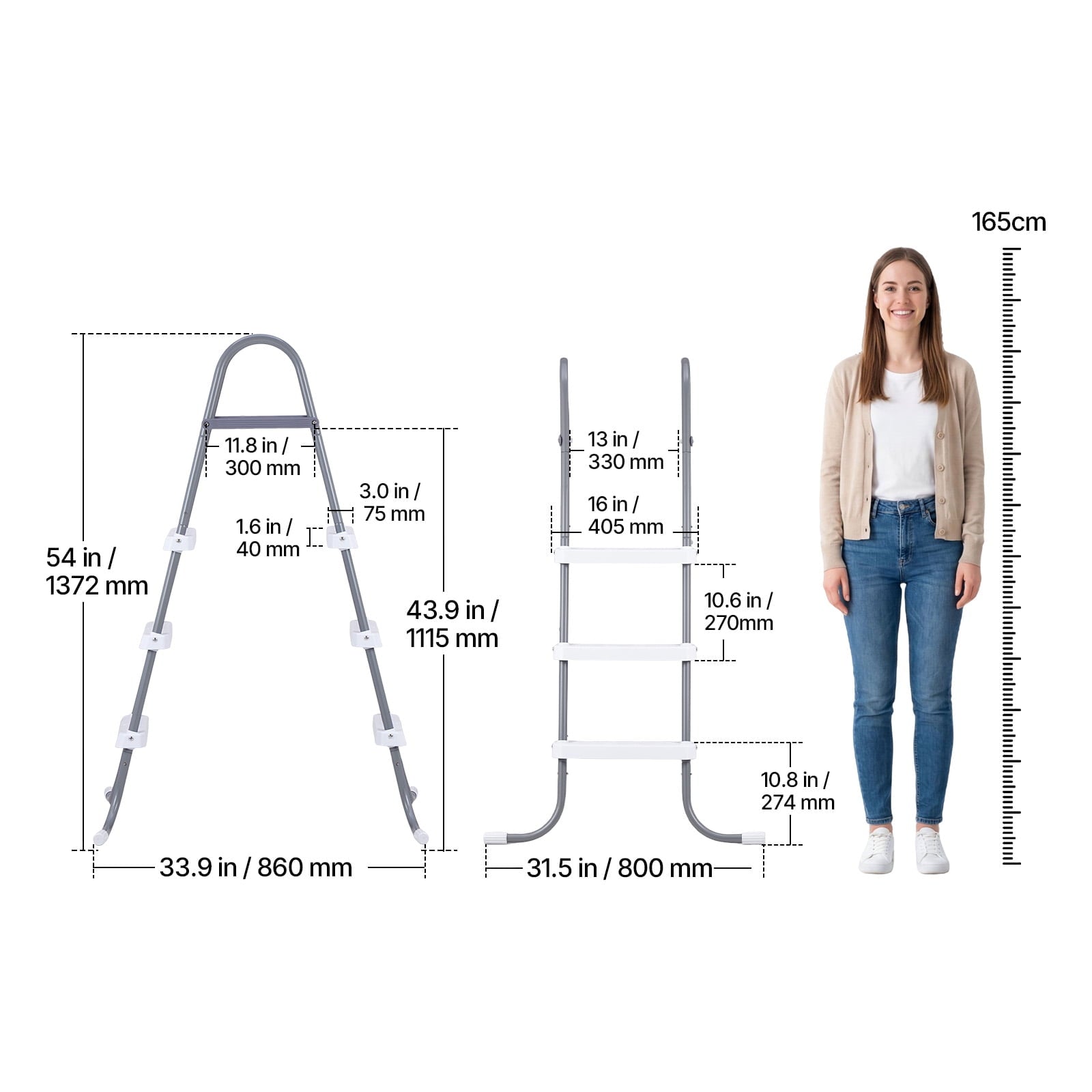 KFFKFF 4-Step Steel A-Frame Pool Ladder for Above-Ground Pools, Designed for 48-Inch Walls, 300 lbs Weight Capacity, Non-Slip Wide Steps, Easy Assembly, Gray and White