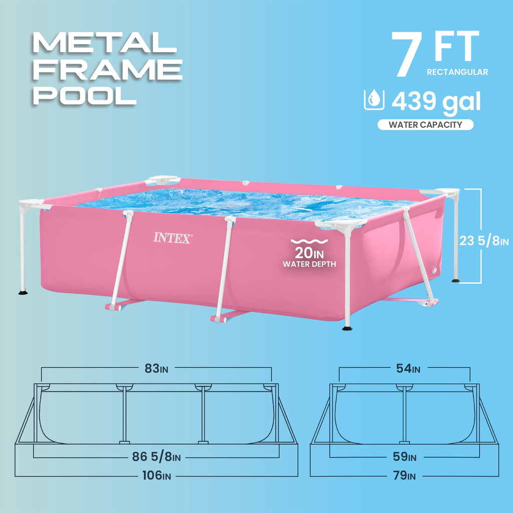 INTEX Rectangular Metal Frame 7ft x 23in Above Ground Swimming Pool, Pink