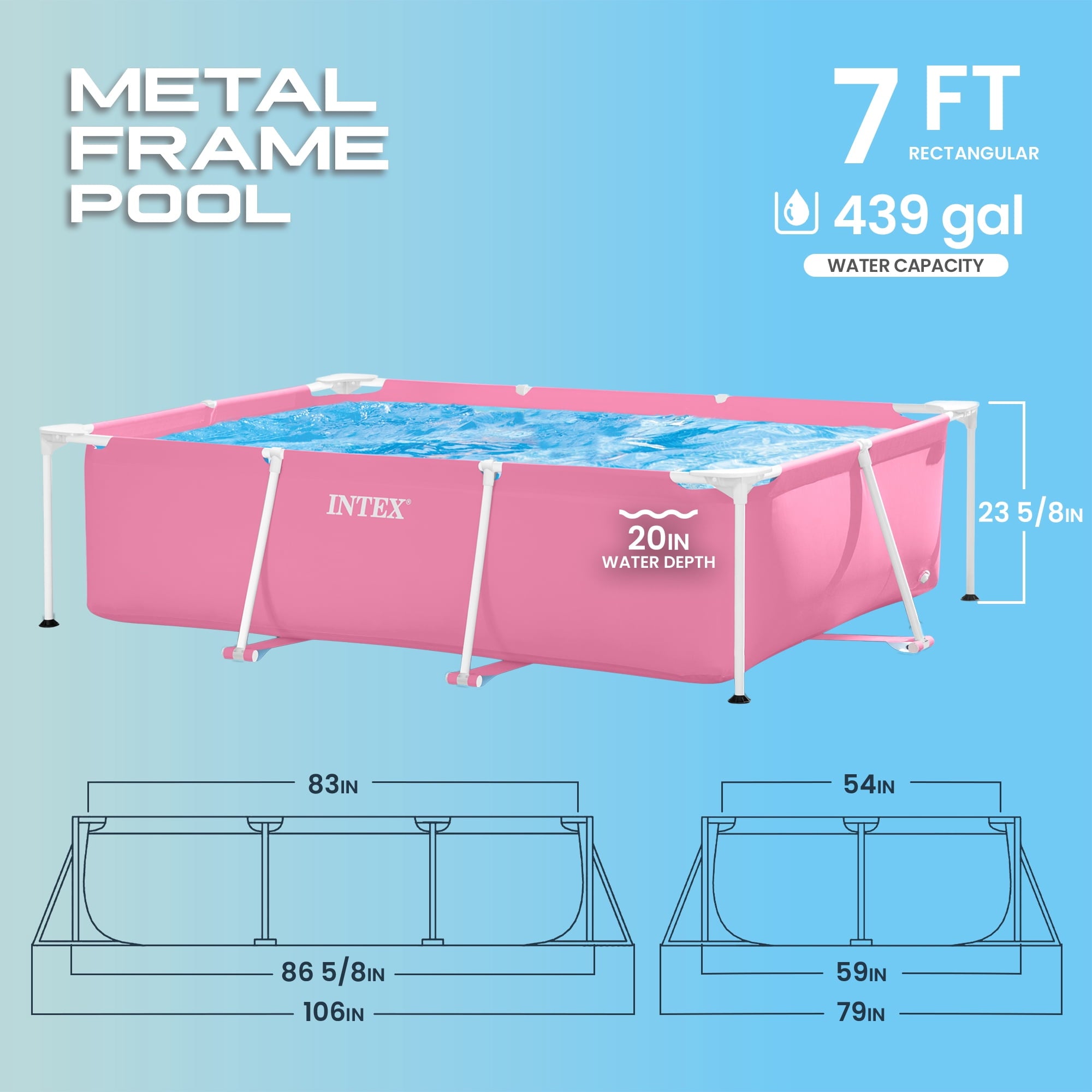 INTEX Rectangular Metal Frame 7ft x 23in Above Ground Swimming Pool, Pink