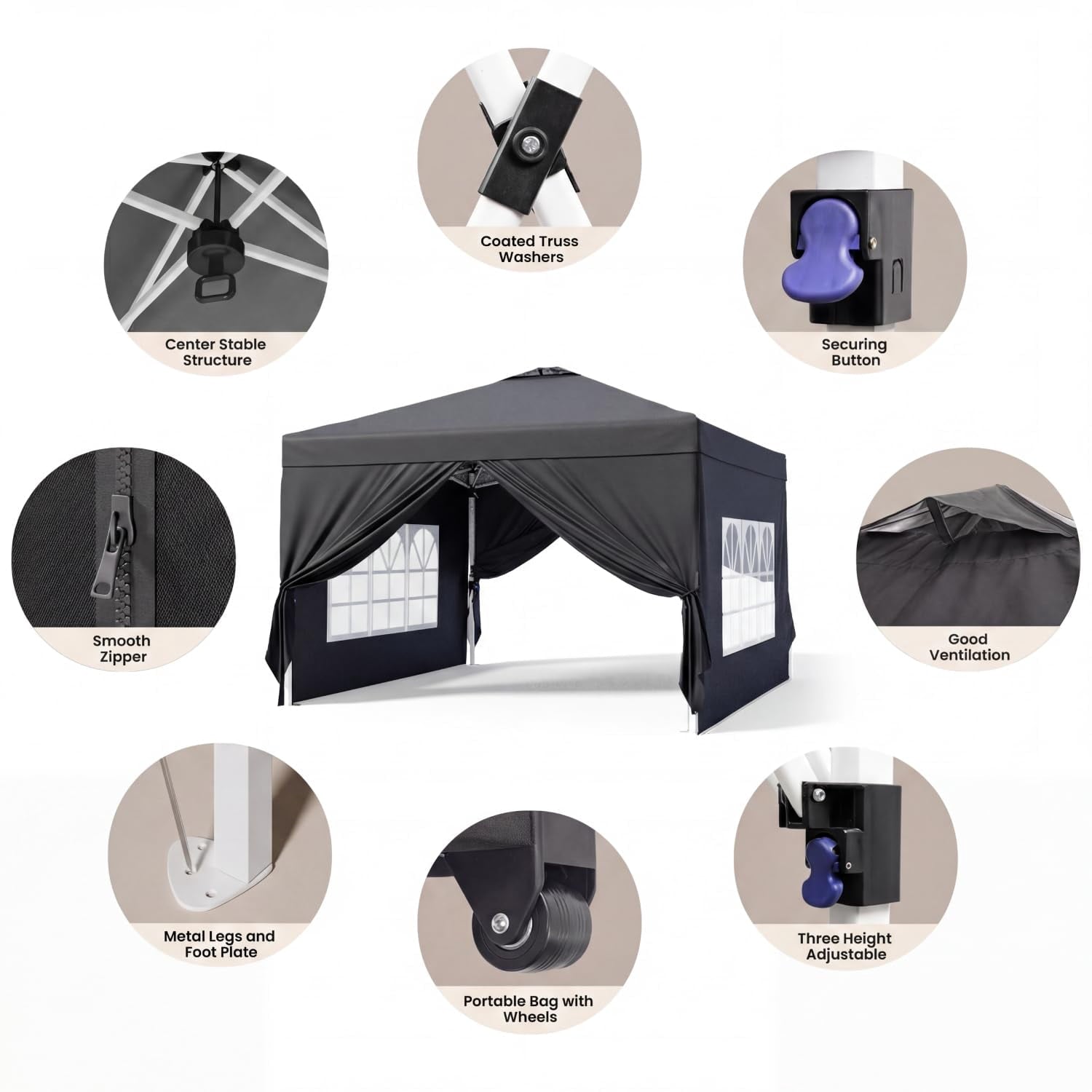 10x10 Pop-Up Canopy Tent with Removable Walls, 3 Height Adjustable Easy Set up Portable Gazebo, For Camping, White