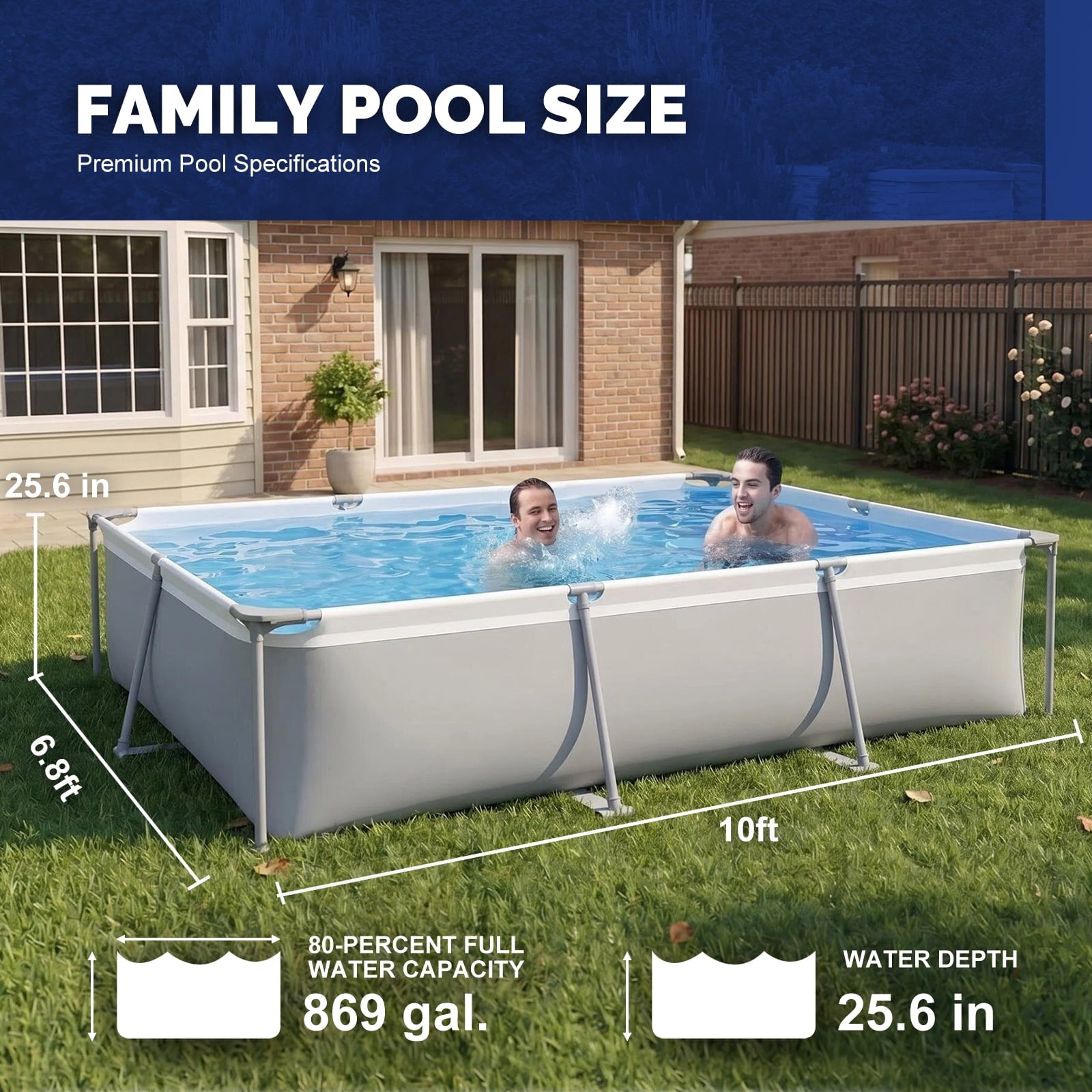 Honeydrill 6.2ft x 4.2ft x 16.5in Rectangular Metal Frame Above Ground Swimming Pool for Family, Blue