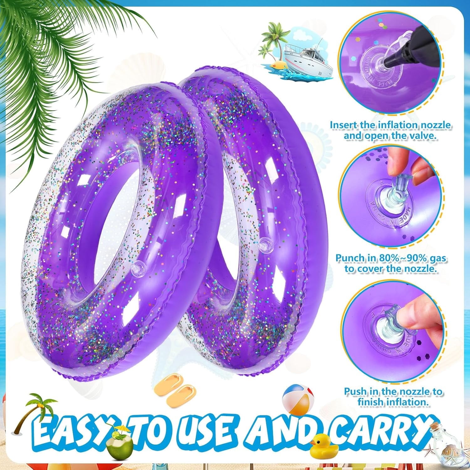 12 Pcs Summer Swim Rings with Glitter Fun Inflatable Pool Float Round Shaped Swimming Pool Tubes for Beach Party Supplies(Blue,23.6 l X 23.6 w)
