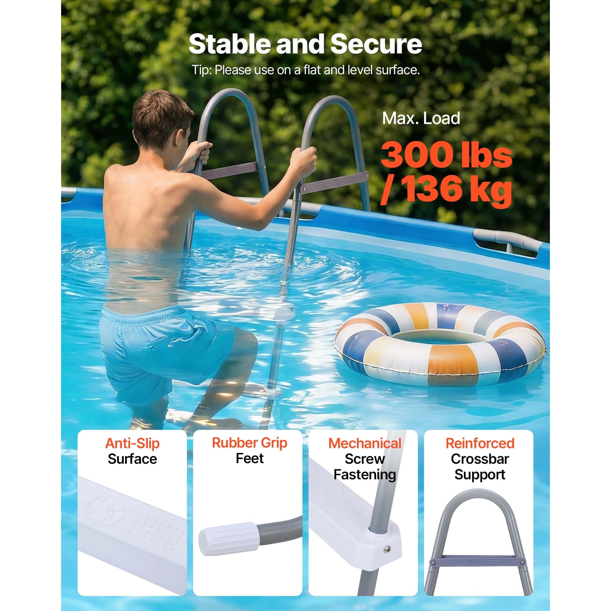 KFFKFF 4-Step Steel A-Frame Pool Ladder for Above-Ground Pools, Designed for 48-Inch Walls, 300 lbs Weight Capacity, Non-Slip Wide Steps, Easy Assembly, Gray and White