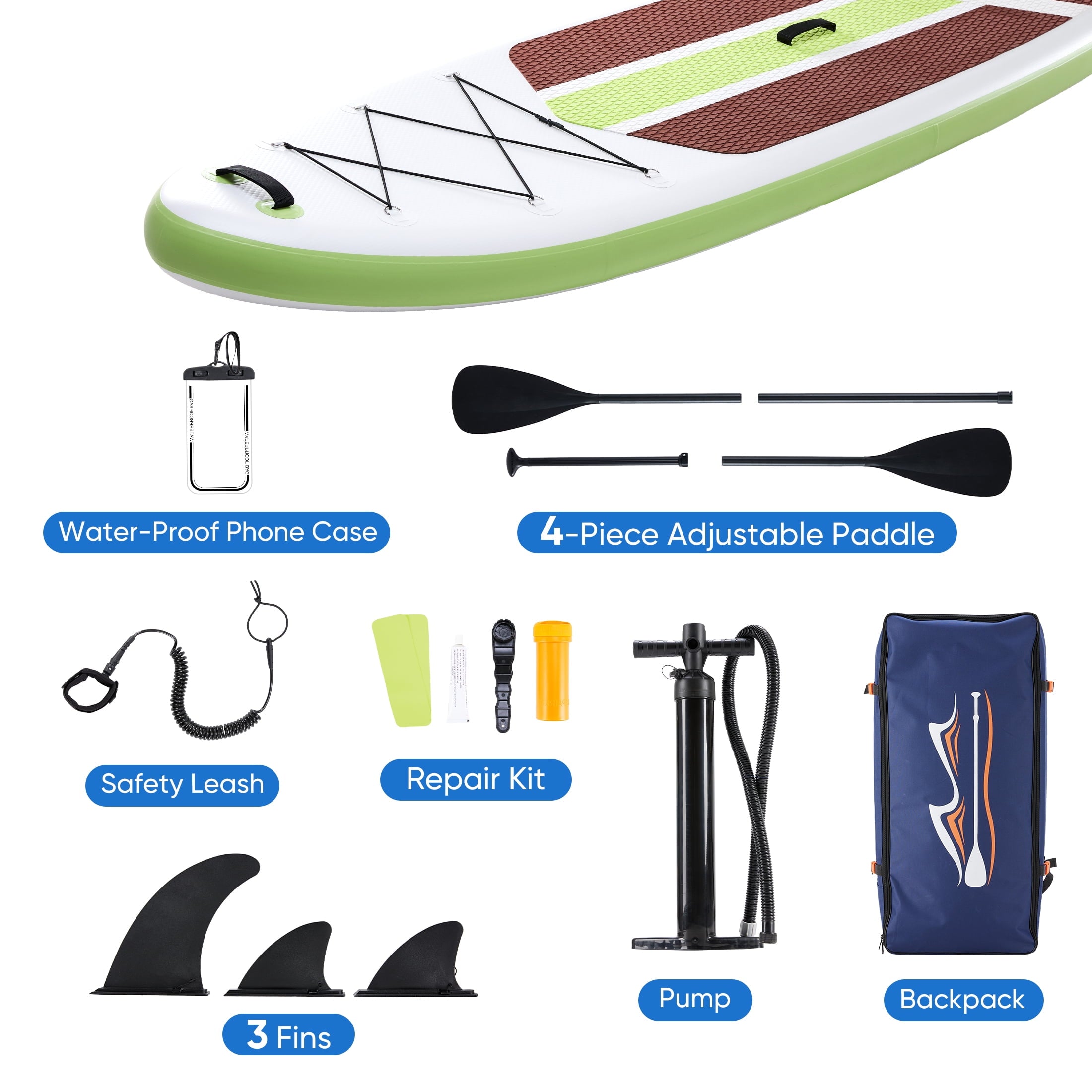 ZUNMOS 10.5ft Inflatable Stand Up Paddle Board, Non-Slip Deck, Complete SUP Accessories Set for All Skill Levels, Brown and Green
