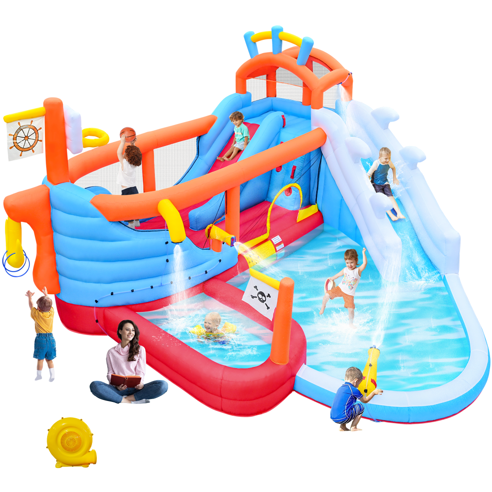 9 in1 Inflatable Slide Water Park Jump Area Dual Slides Climbing Wall  Anchor Ring Toss Basketball Hoop Dual Water Guns Shallow and Bathing Pools