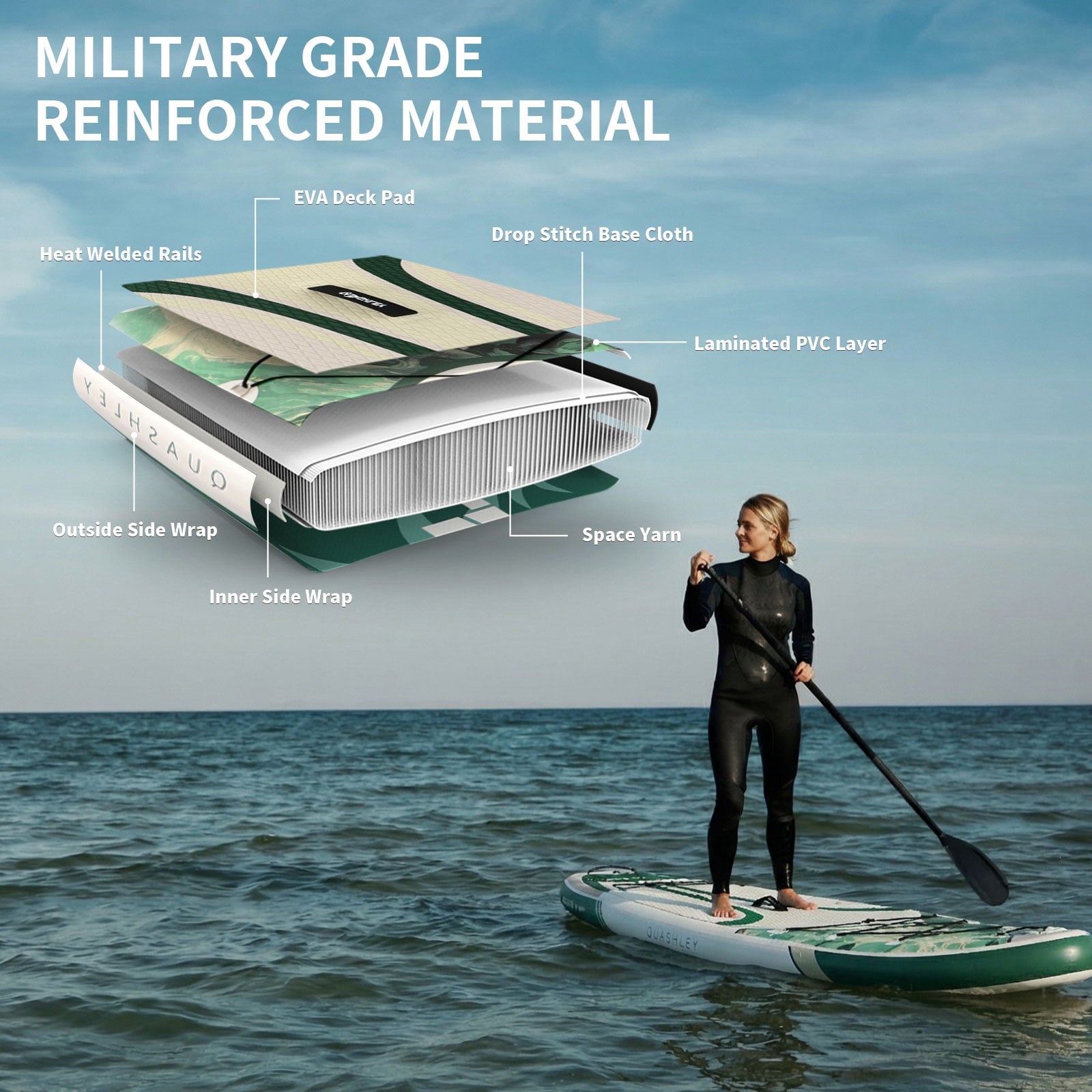 Quashley Inflatable Paddle Board 11' x 34 Wide All-Around SUP with Paddle, Pump, Backpack & Leash