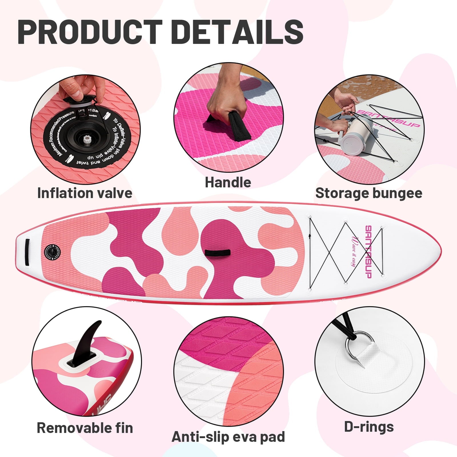 Santasup Blow Up Paddle Board Inflatable Paddle Board For Adults, 10ft Stand Up Paddleboard, Sup Board With Sup Accessories, Non-Slip Deck, Adjustable Paddle, Travel Backpack Wide Stance Pink