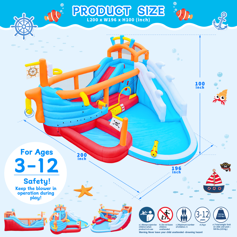 9 in1 Inflatable Slide Water Park Jump Area Dual Slides Climbing Wall  Anchor Ring Toss Basketball Hoop Dual Water Guns Shallow and Bathing Pools