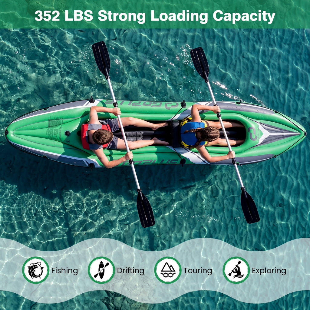 Goplus Inflatable Kayak 2 Person, Heavy Duty Tandem Touring Kayak with Aluminum Paddles Green + Black