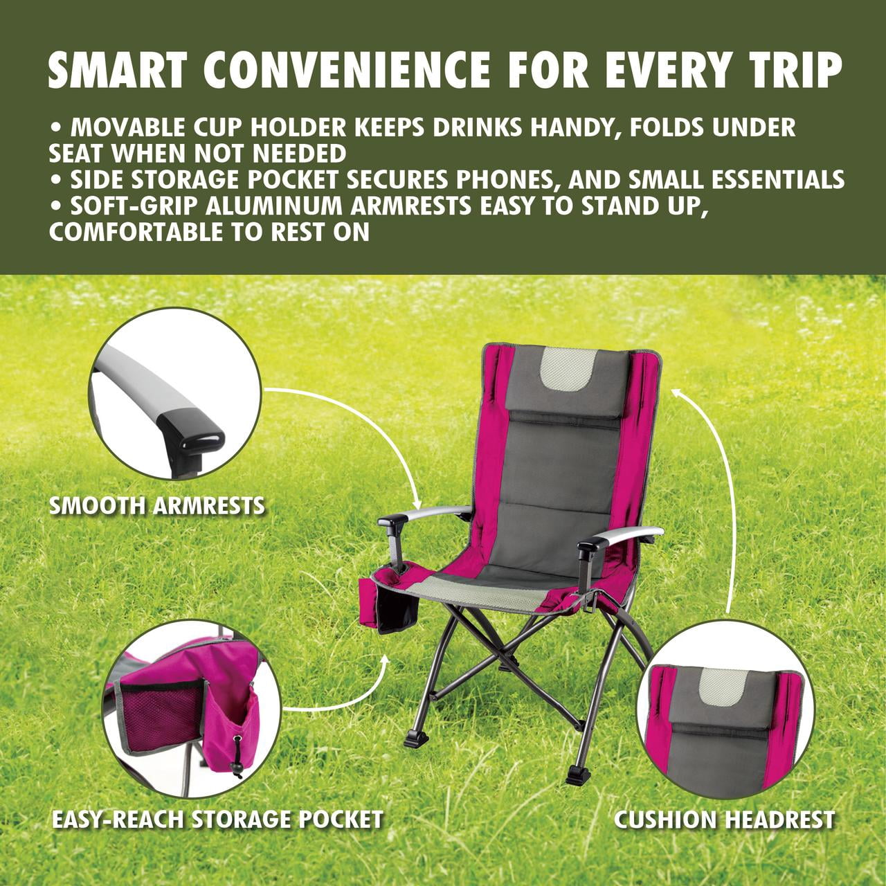 Ozark Trail High Back Camping Chair, Pink with Cupholder, Pocket, and Headrest, Adult