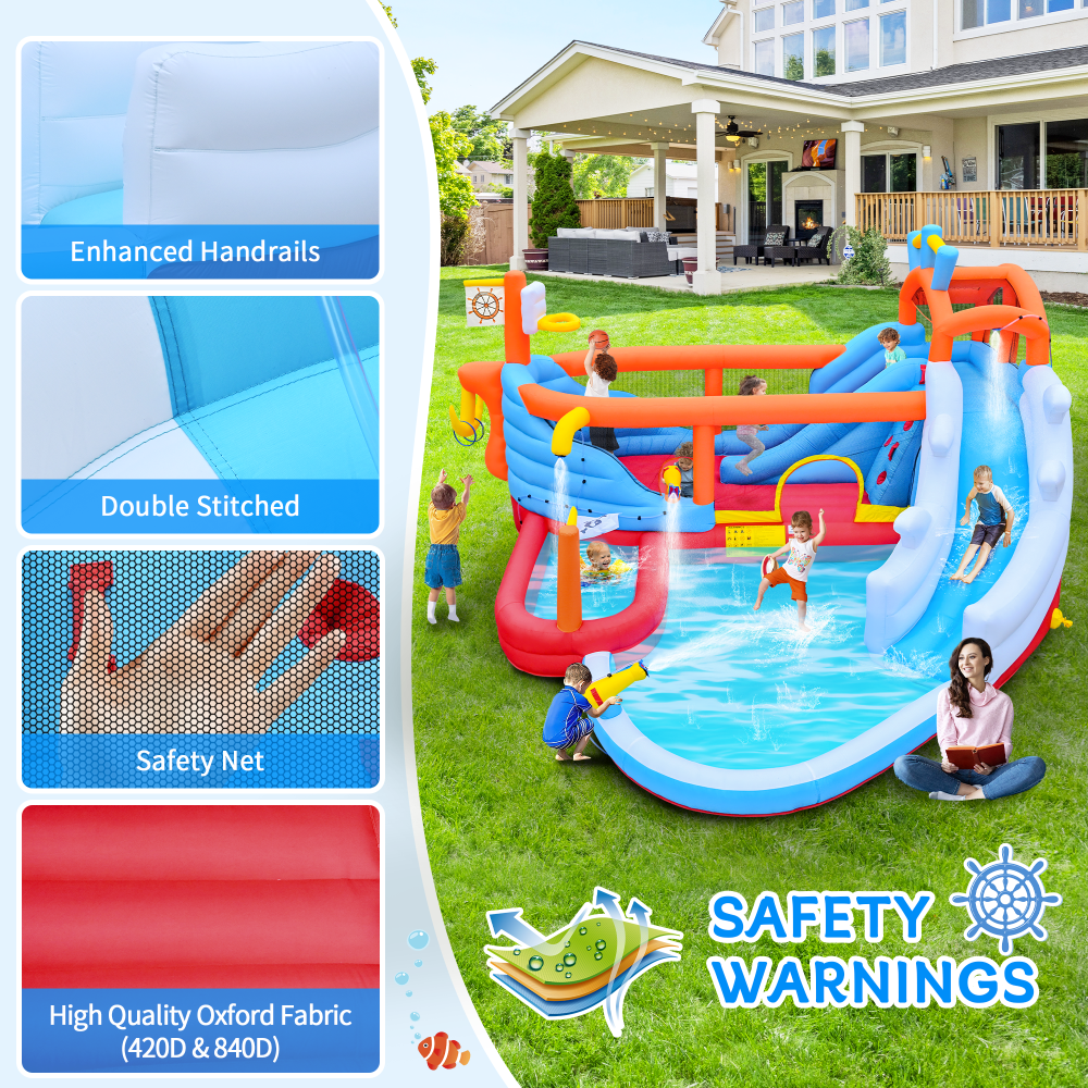 9 in1 Inflatable Slide Water Park Jump Area Dual Slides Climbing Wall  Anchor Ring Toss Basketball Hoop Dual Water Guns Shallow and Bathing Pools