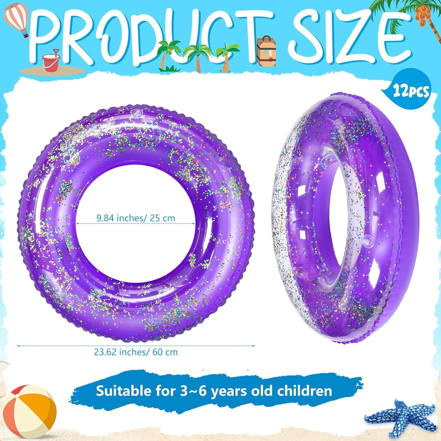 12 Pcs Summer Swim Rings with Glitter Fun Inflatable Pool Float Round Shaped Swimming Pool Tubes for Beach Party Supplies(Blue,23.6 l X 23.6 w)