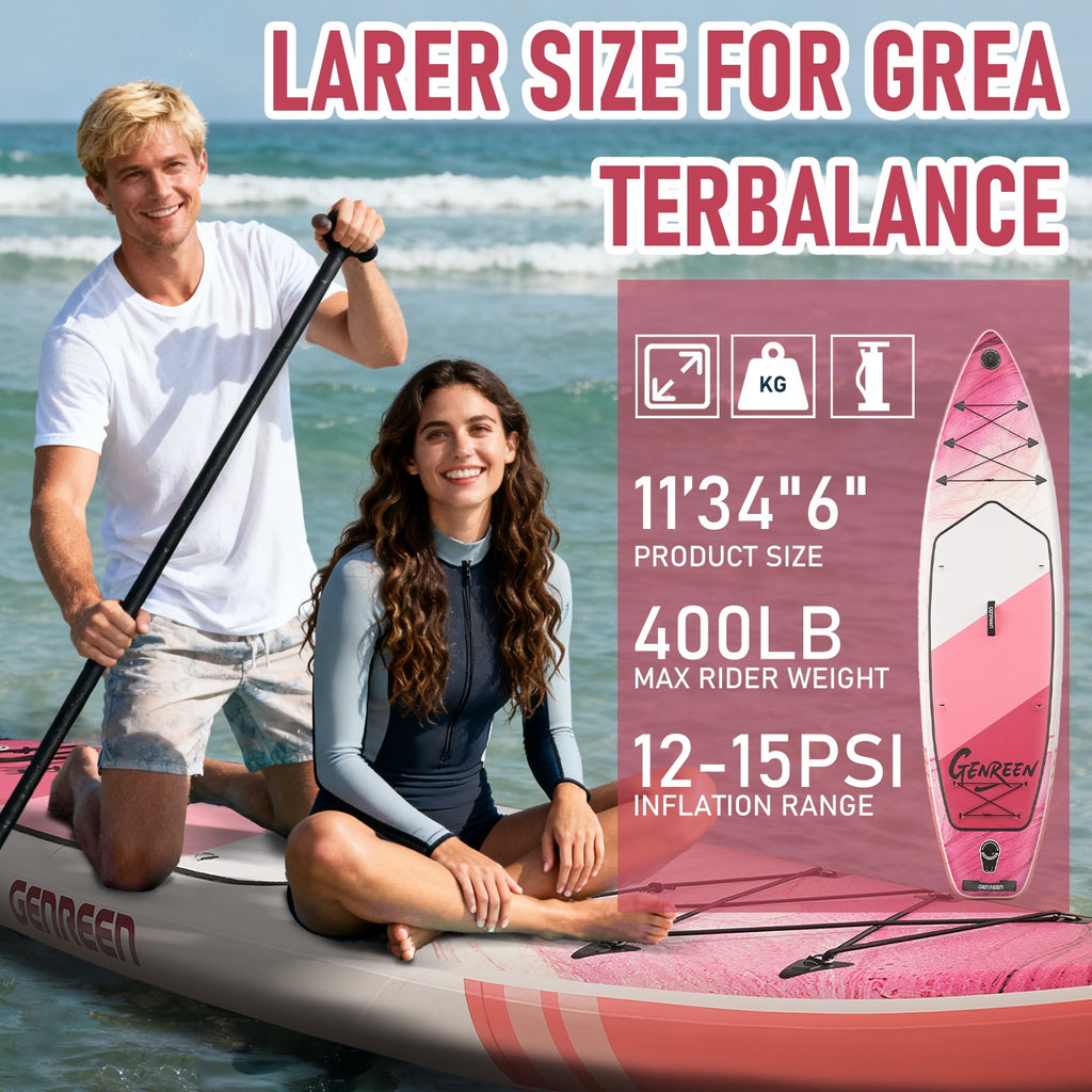Genreen 11FT Inflatable Stand Up Paddle Board，Wide Sup with Premium Accessories, Fishing Blow Up Paddleboard for Youth & Adults