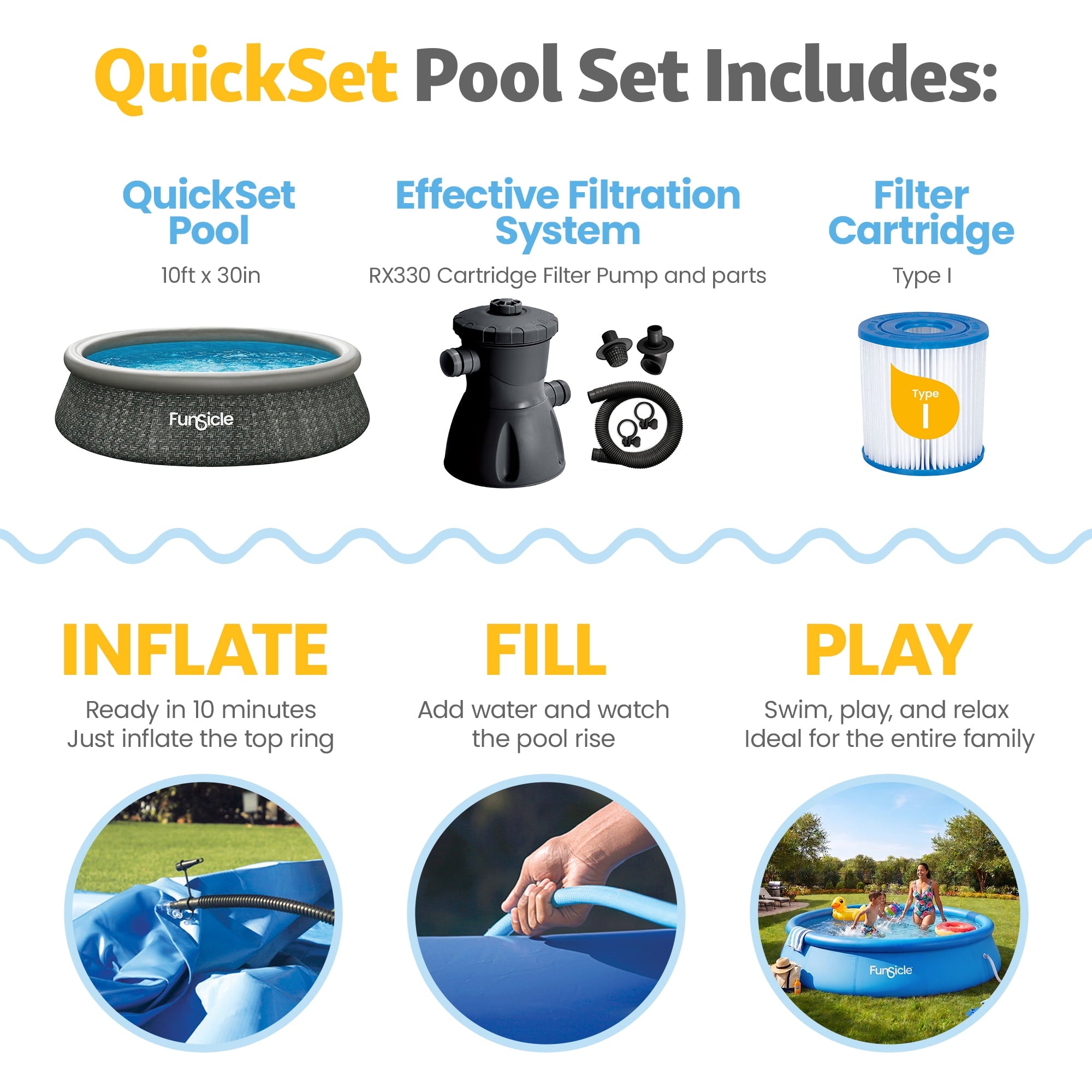 Funsicle Quickset 14’ x 36” Round Inflatable Top Ring Above Ground Swimming Pool Set