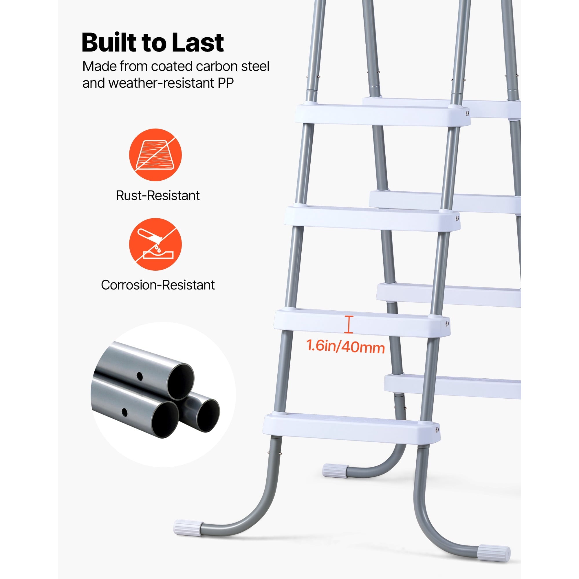 KFFKFF 4-Step Steel A-Frame Pool Ladder for Above-Ground Pools, Designed for 48-Inch Walls, 300 lbs Weight Capacity, Non-Slip Wide Steps, Easy Assembly, Gray and White