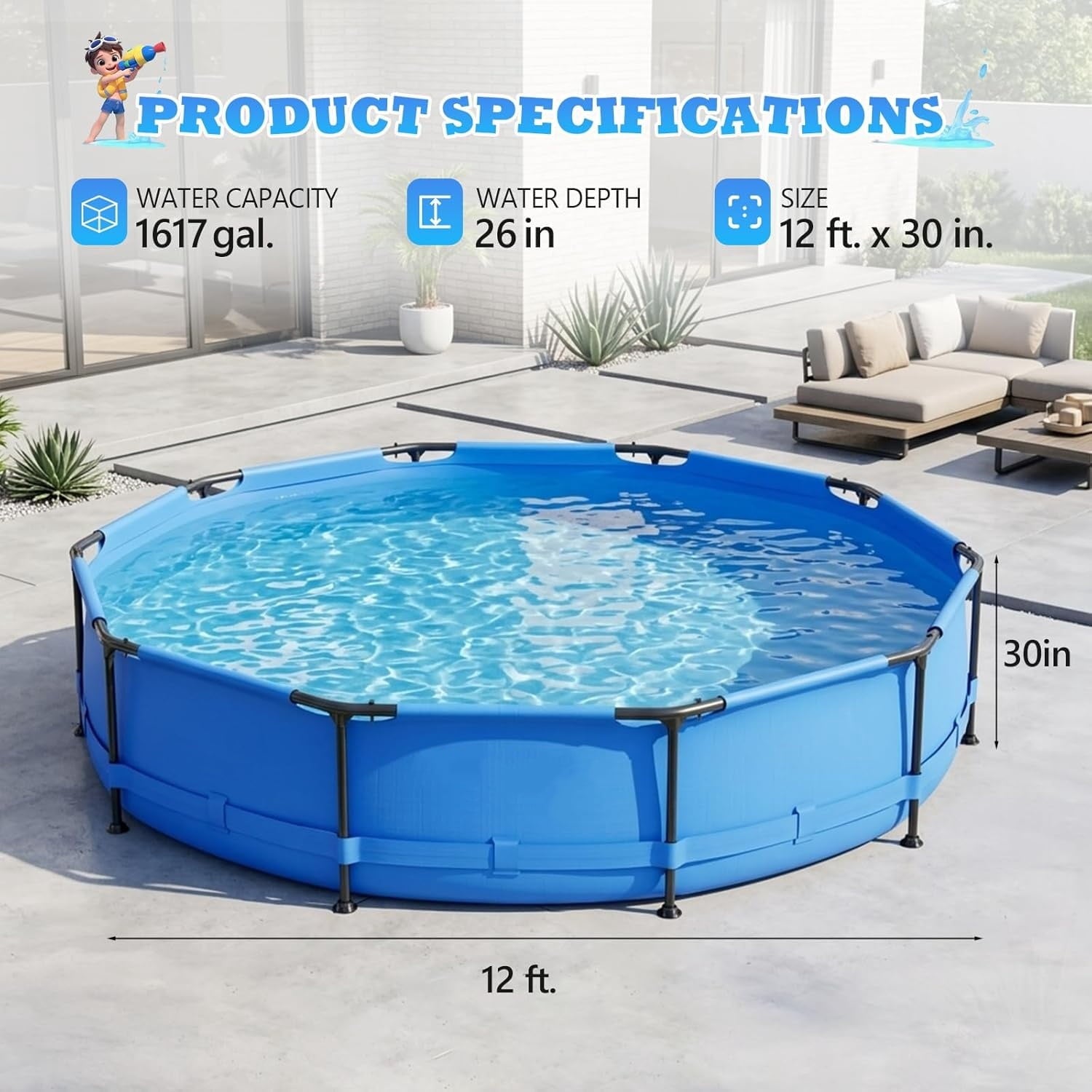 Zimtown 12ft x 30in Round Above Ground Pool, Blue Heavy-Duty Metal Frame Backyard Swimming Pool