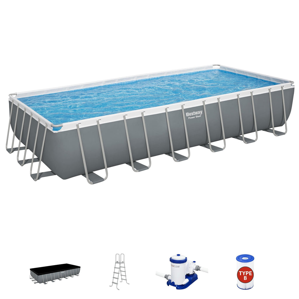 Bestway: Power Steel - Rectangular Swimming Pool Set - 24' x 12' x 52, Above Ground, Tritech Construction, Filter Pump, Ladder & Cover, 7937 Gal.