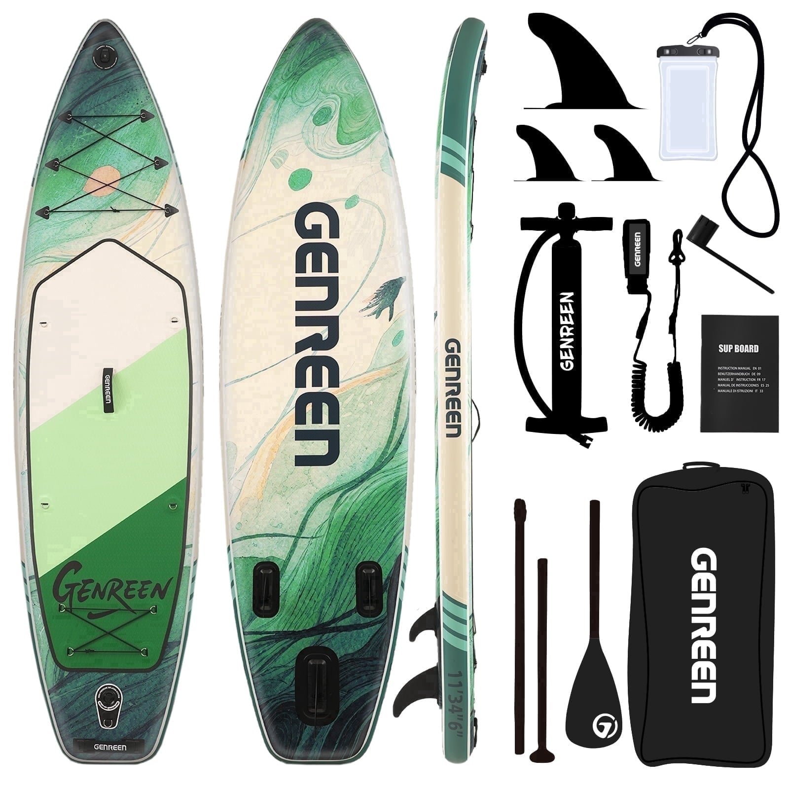 Genreen 11FT Inflatable Stand Up Paddle Board，Wide Sup with Premium Accessories, Fishing Blow Up Paddleboard for Youth & Adults