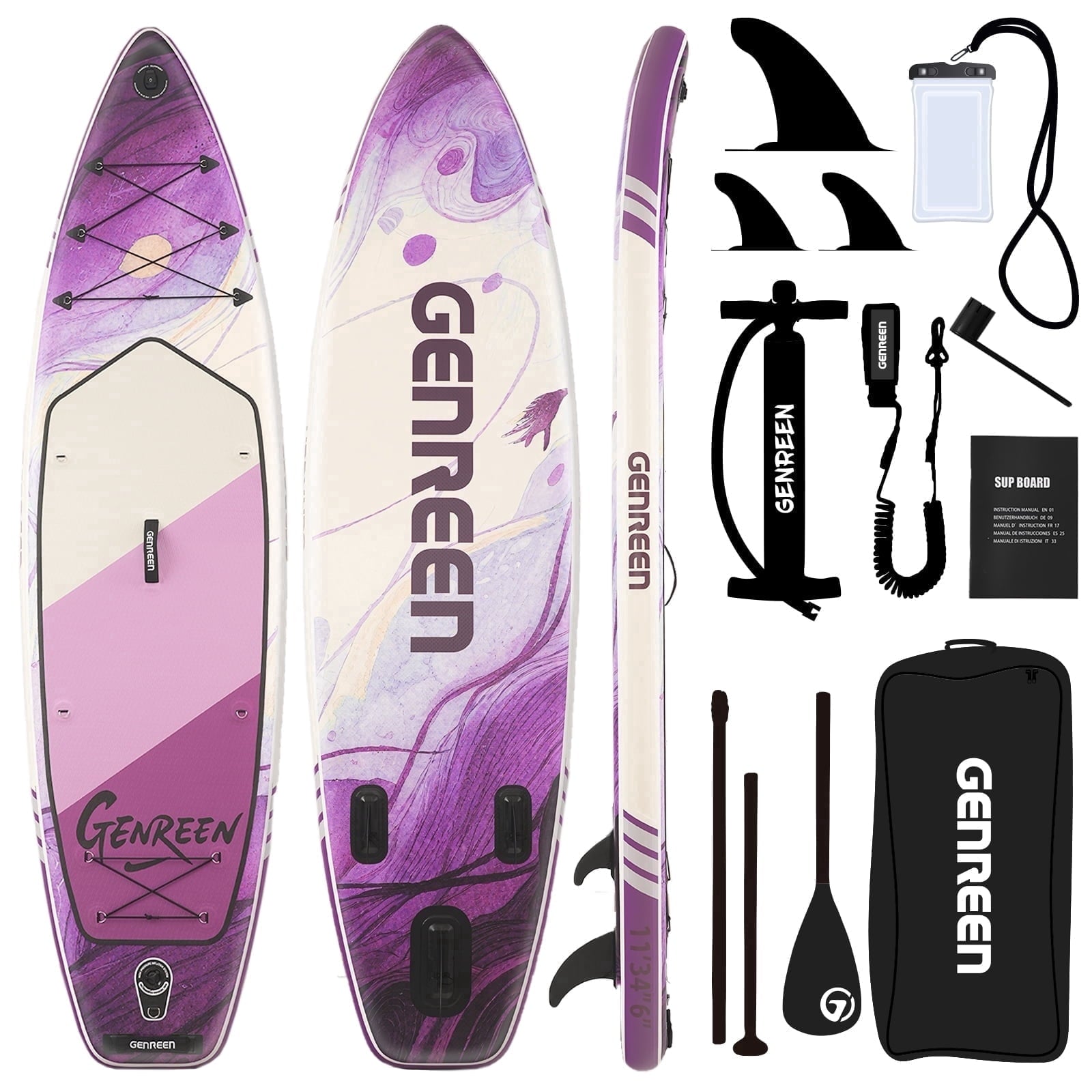 Genreen 11FT Inflatable Stand Up Paddle Board，Wide Sup with Premium Accessories, Fishing Blow Up Paddleboard for Youth & Adults