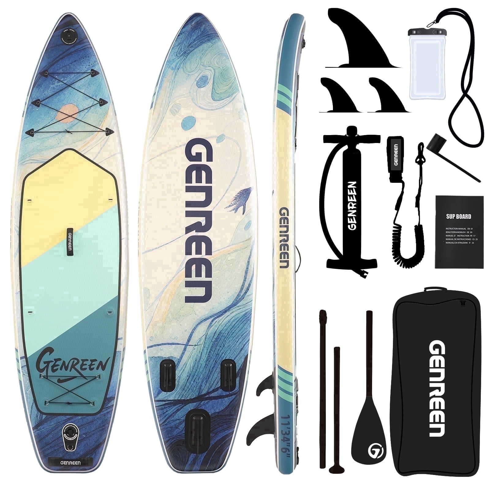 Genreen 11FT Inflatable Stand Up Paddle Board，Wide Sup with Premium Accessories, Fishing Blow Up Paddleboard for Youth & Adults