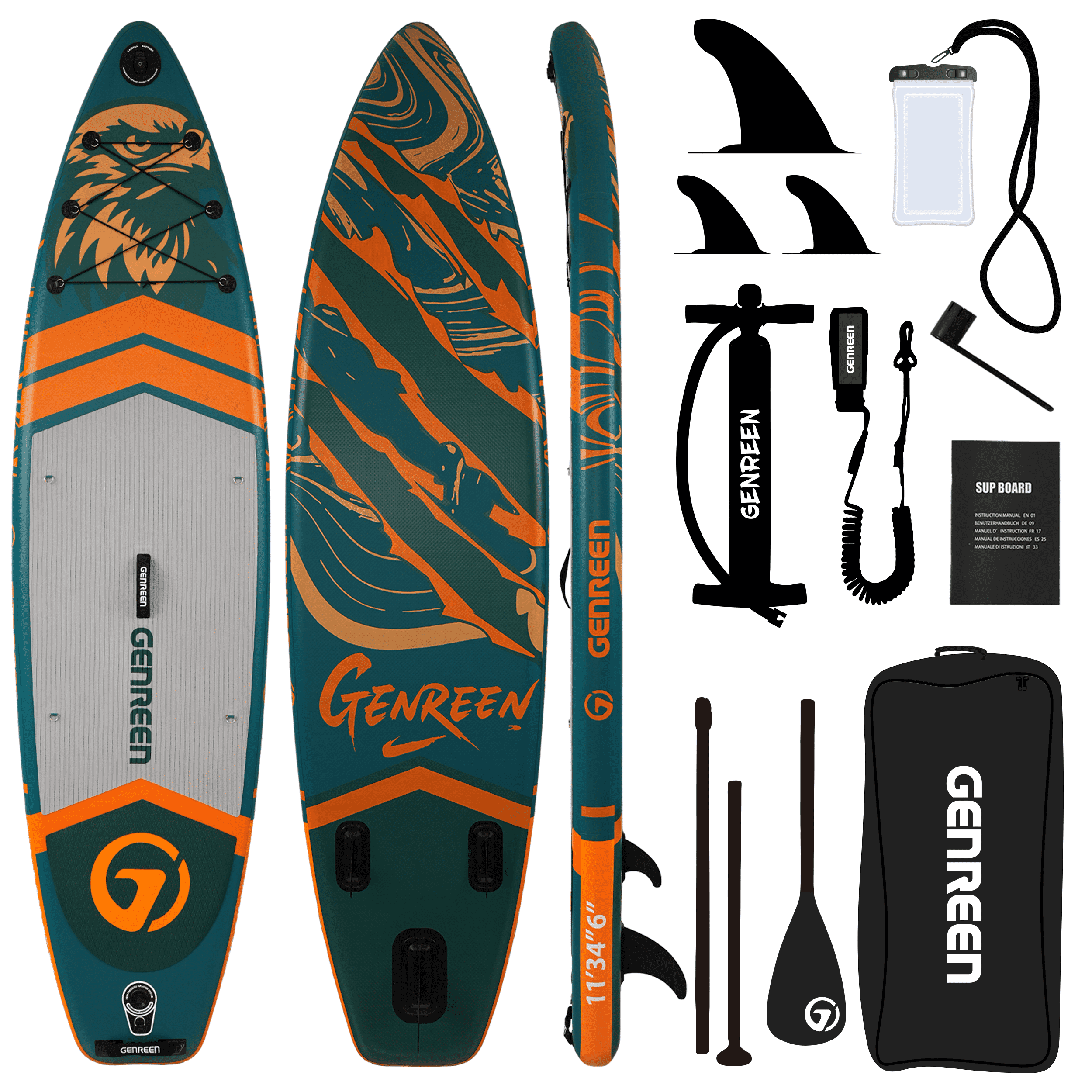 Genreen 11ft Inflatable Stand up Paddle Board (SUP), All-Around Fishing Paddle Board Full Kit for Youth & Adults