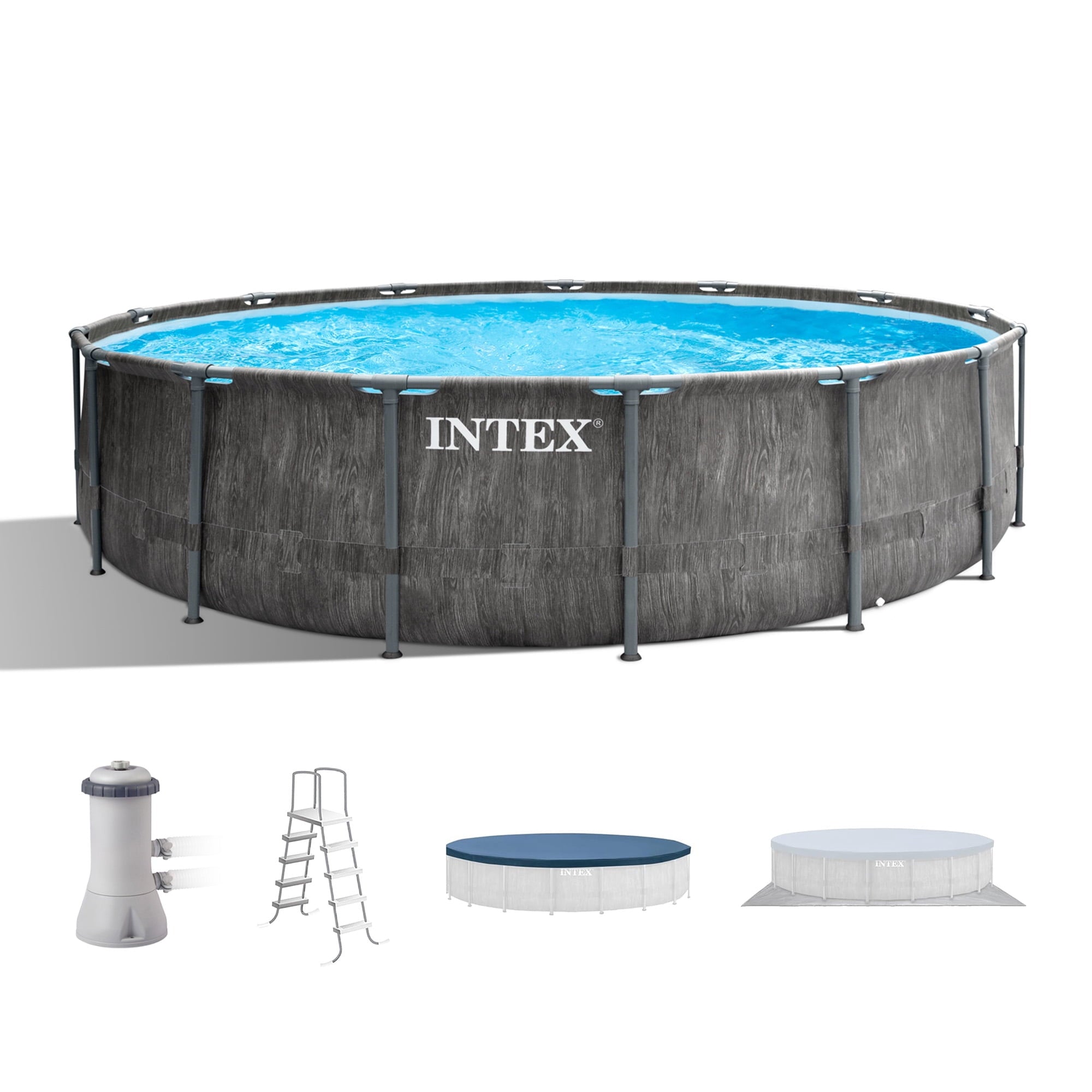 INTEX Round Prism Frame 15ft x 48in Above Ground Swimming Pool Set w/ Pump