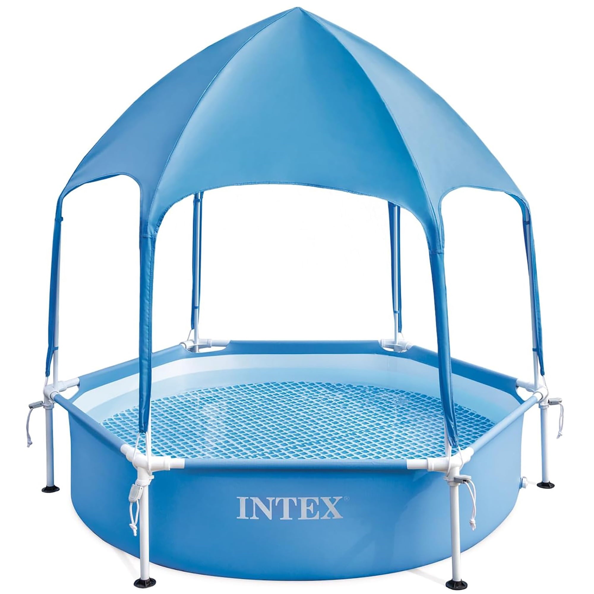 Intex: Canopy Metal Frame Splash Pool - 6' x 15 - UPF 50+ Sunshade Cover, Built-In Water Sprayer, Puncture-Resistant, Wade Kiddie Pool, Kids 3+
