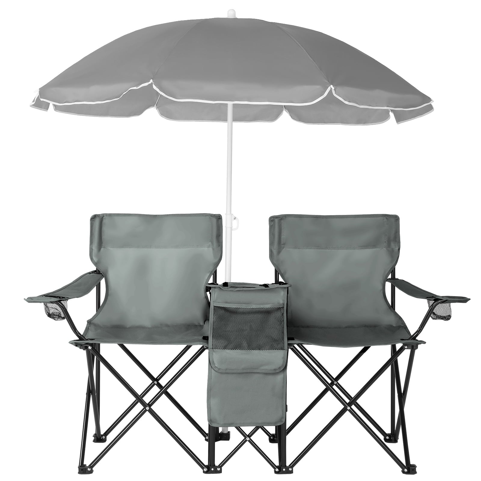 Ktaxon Camping Loveseat Chair, Folding Double Outdoor Chair with Removable Sun Umbrella & Carrying Bag, Double Chairs with Cooler Bag for Lawn Fishing Outdoor, Gray