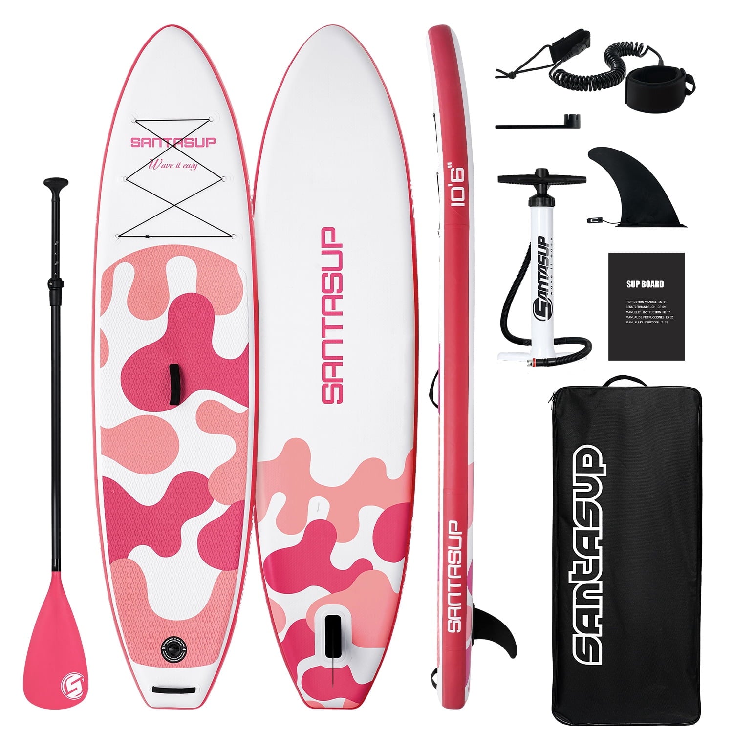 Santasup Blow Up Paddle Board Inflatable Paddle Board For Adults, 10ft Stand Up Paddleboard, Sup Board With Sup Accessories, Non-Slip Deck, Adjustable Paddle, Travel Backpack Wide Stance Pink