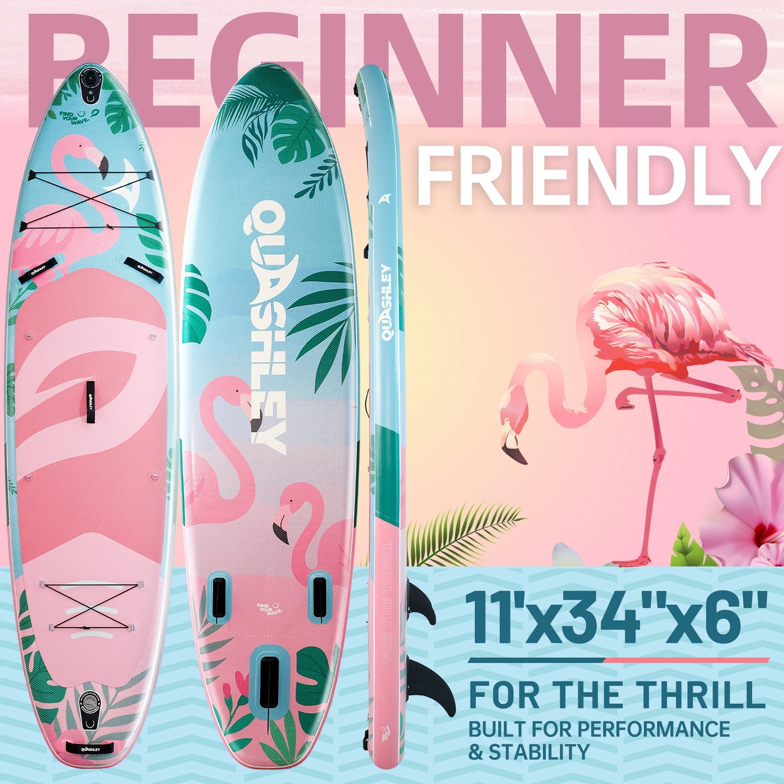 Quashley Inflatable Paddle Board 11' x 34 Wide All-Around SUP with Paddle, Pump, Backpack & Leash