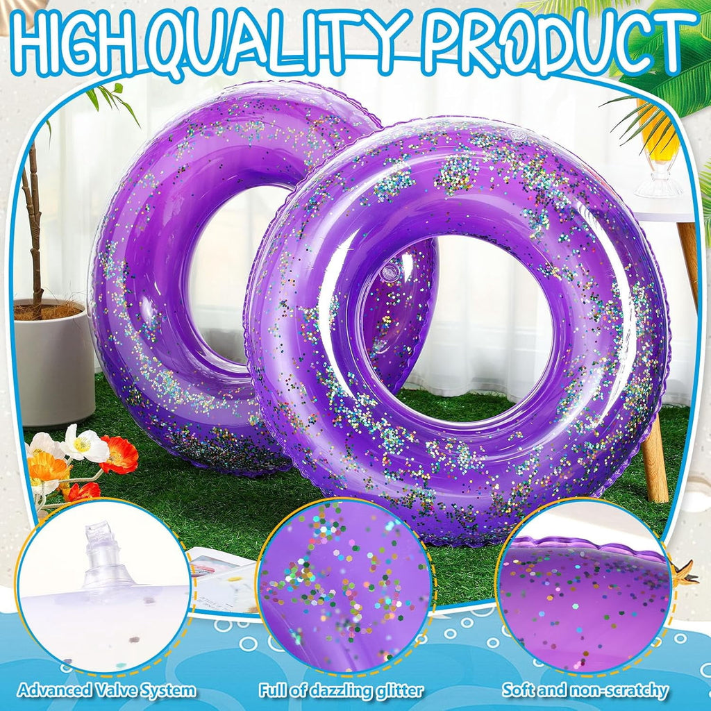 12 Pcs Summer Swim Rings with Glitter Fun Inflatable Pool Float Round Shaped Swimming Pool Tubes for Beach Party Supplies(Blue,23.6 l X 23.6 w)