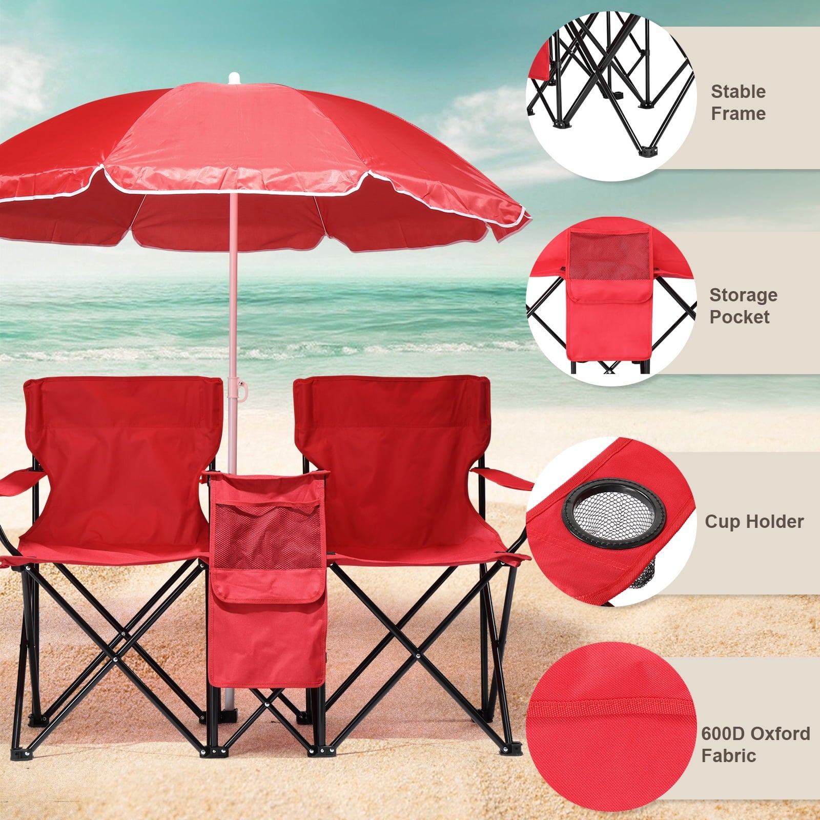 Ktaxon Camping Loveseat Chair, Folding Double Outdoor Chair with Removable Sun Umbrella & Carrying Bag, Double Chairs with Cooler Bag for Lawn Fishing Outdoor, Gray