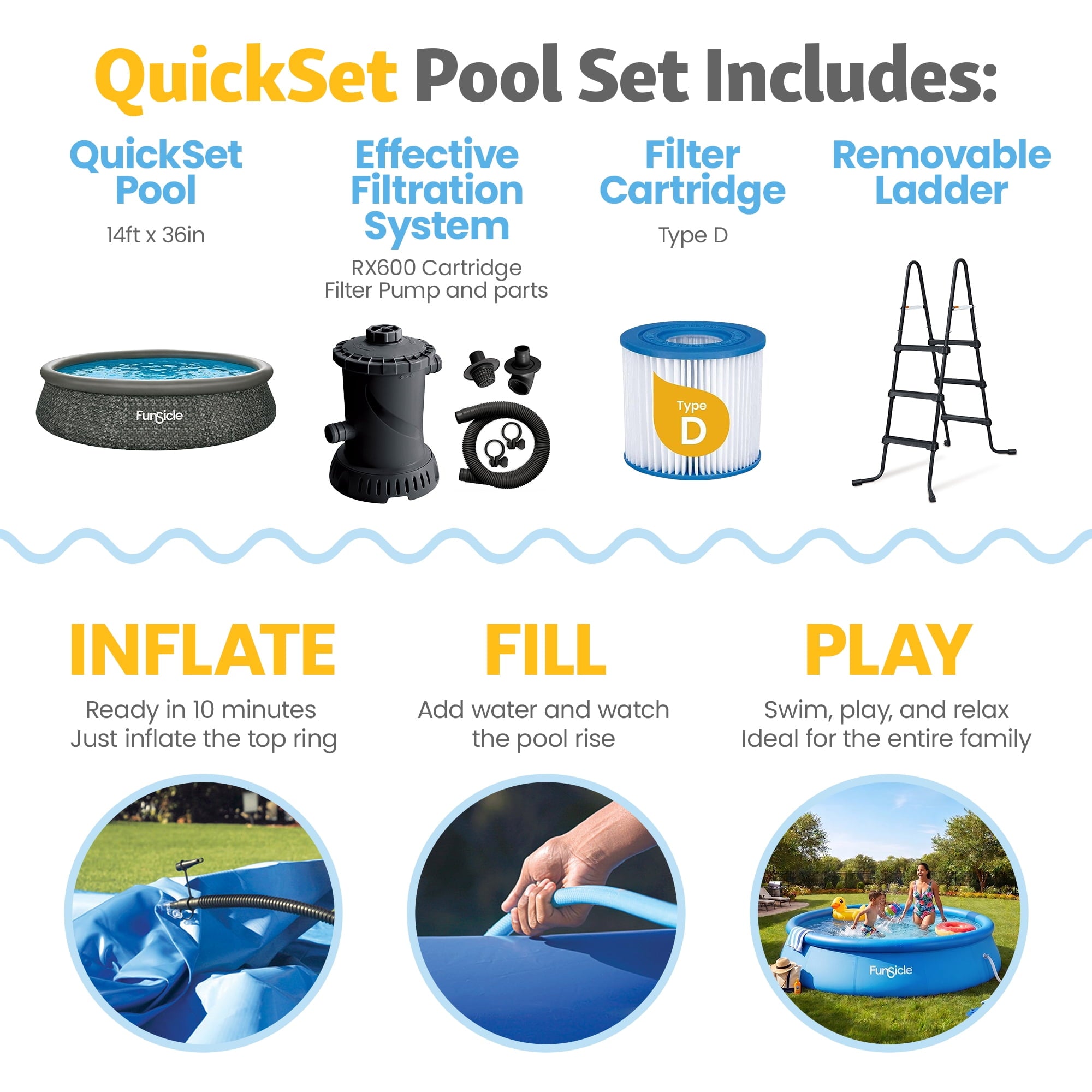 Funsicle Quickset 14’ x 36” Round Inflatable Top Ring Above Ground Swimming Pool Set