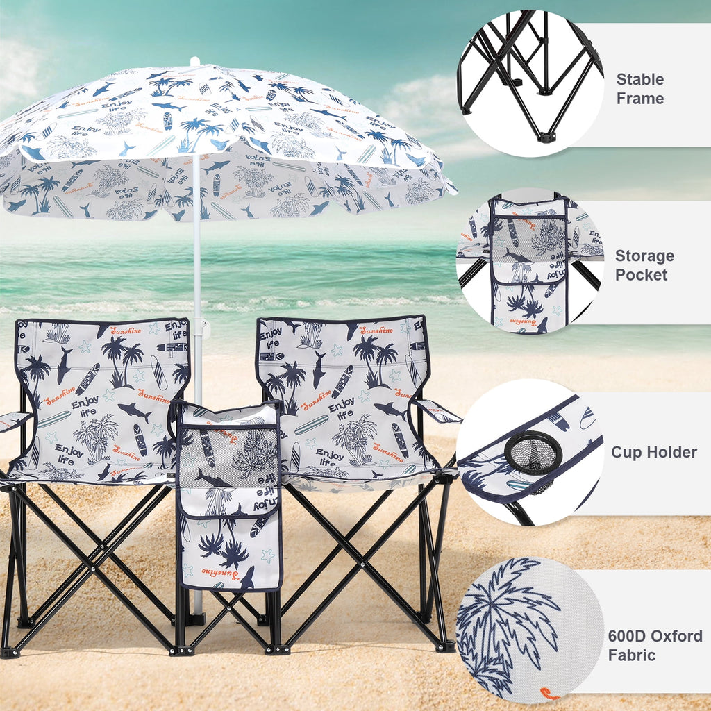 Ktaxon Camping Loveseat Chair, Folding Double Outdoor Chair with Removable Sun Umbrella & Carrying Bag, Double Chairs with Cooler Bag for Lawn Fishing Outdoor, Gray