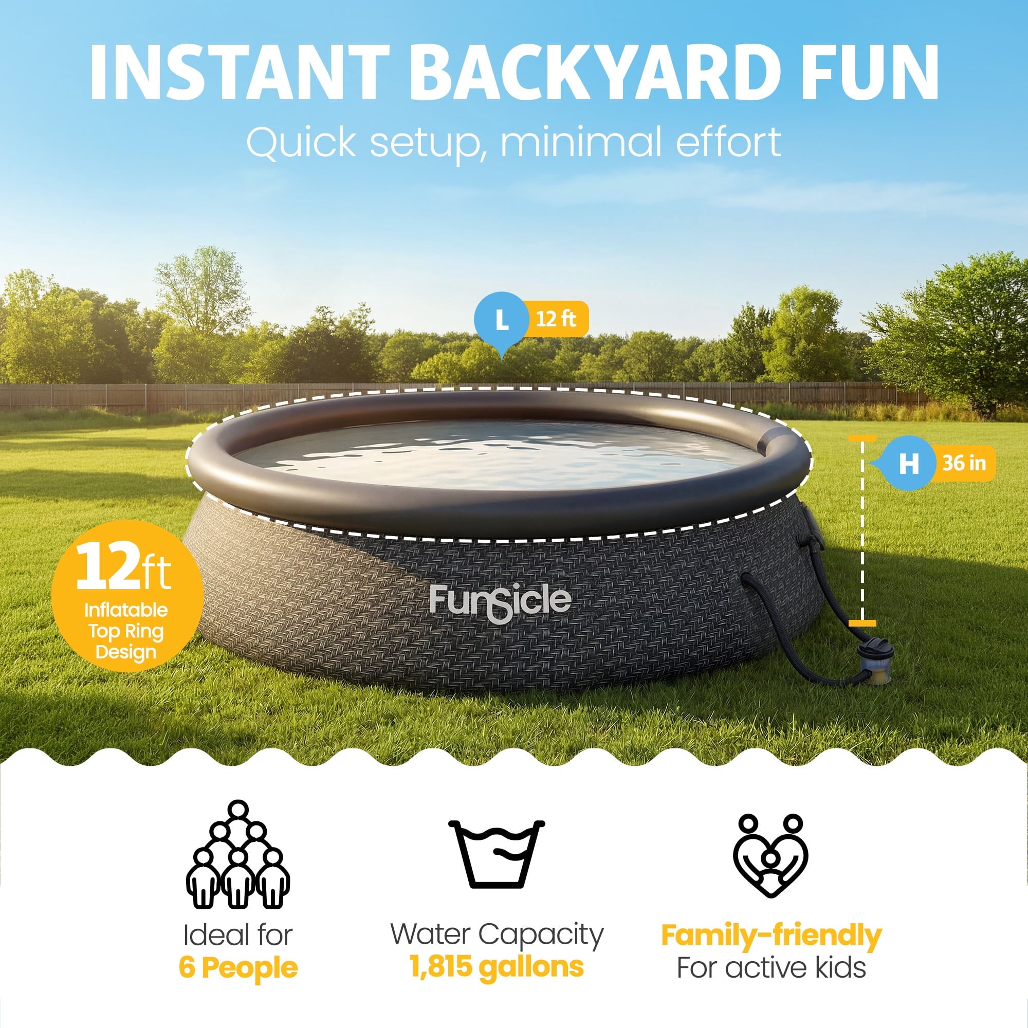 Funsicle Quickset 14’ x 36” Round Inflatable Top Ring Above Ground Swimming Pool Set