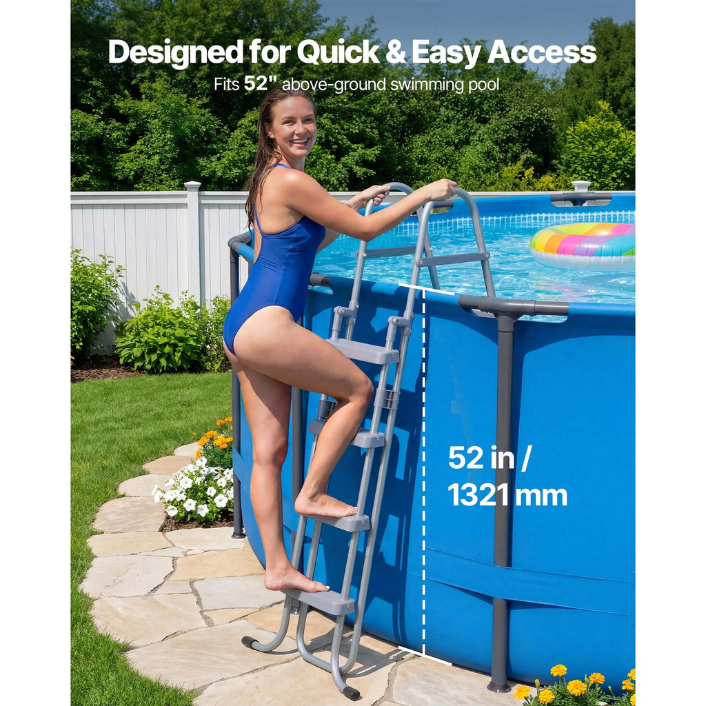 KFFKFF 4-Step Steel A-Frame Pool Ladder for Above-Ground Pools, Designed for 48-Inch Walls, 300 lbs Weight Capacity, Non-Slip Wide Steps, Easy Assembly, Gray and White