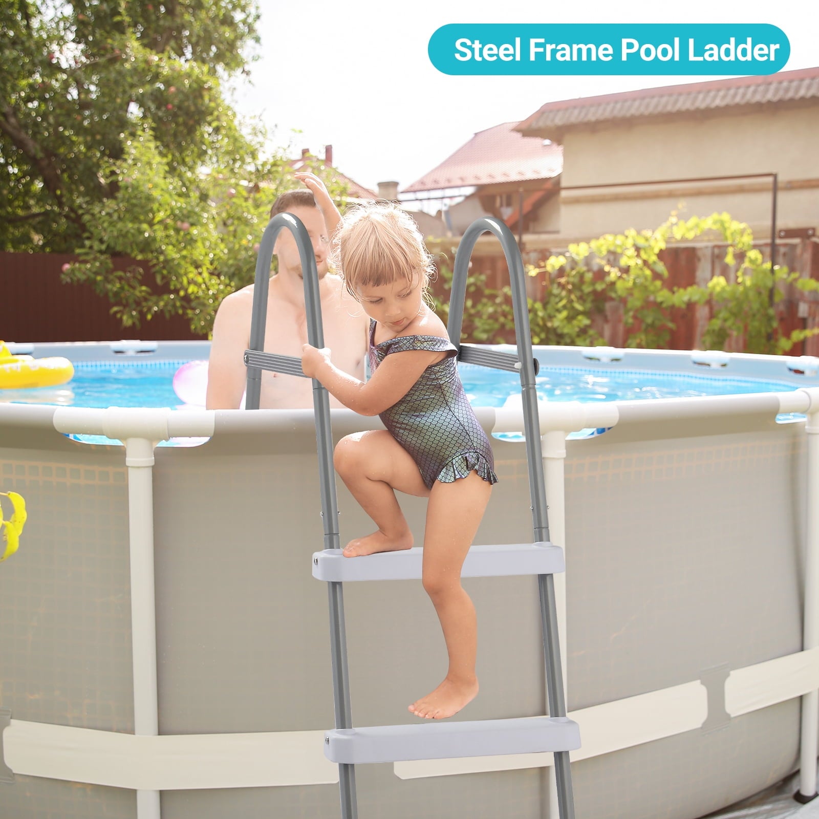 Ktaxon 52 4Step Steel Frame Above Ground Swimming Pool Ladder,Heavy Duty Double Sided Removable Pool Steps with Ladder Escape