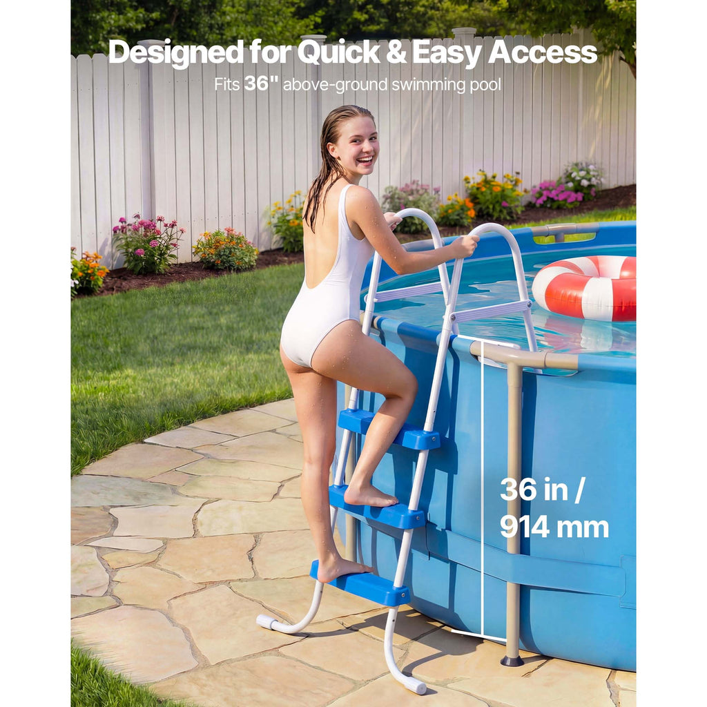 KFFKFF 4-Step Steel A-Frame Pool Ladder for Above-Ground Pools, Designed for 48-Inch Walls, 300 lbs Weight Capacity, Non-Slip Wide Steps, Easy Assembly, Gray and White