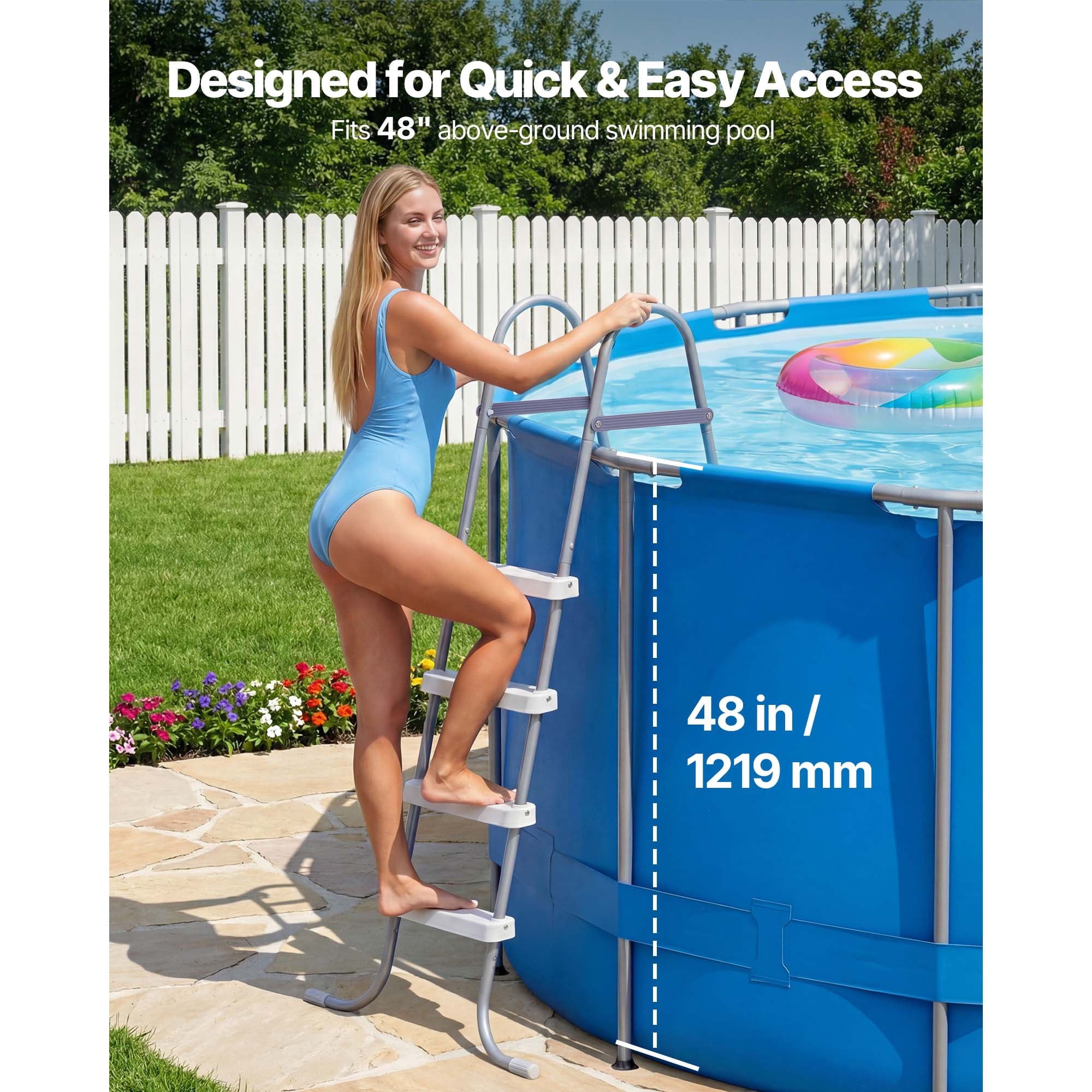 KFFKFF 4-Step Steel A-Frame Pool Ladder for Above-Ground Pools, Designed for 48-Inch Walls, 300 lbs Weight Capacity, Non-Slip Wide Steps, Easy Assembly, Gray and White