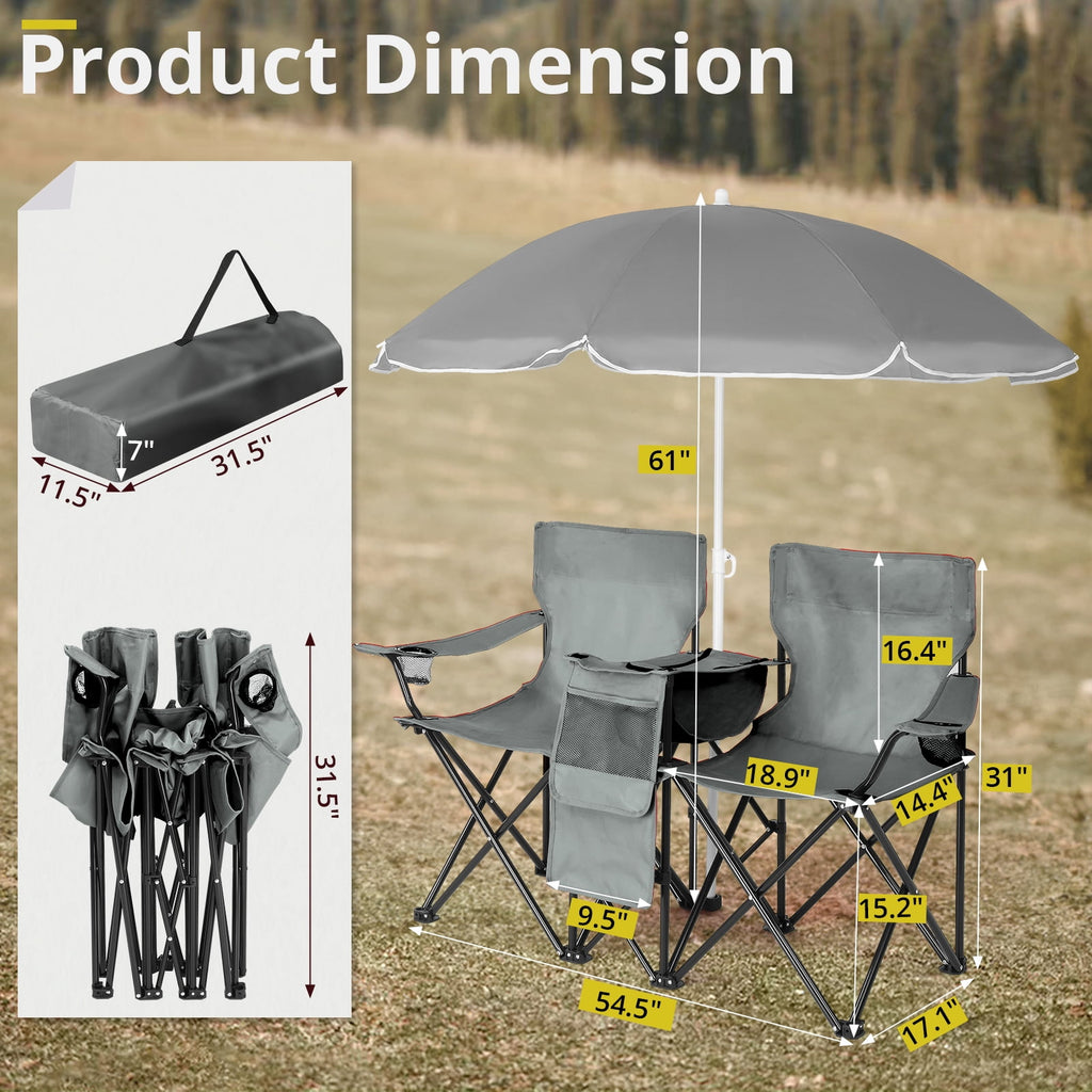 Ktaxon Camping Loveseat Chair, Folding Double Outdoor Chair with Removable Sun Umbrella & Carrying Bag, Double Chairs with Cooler Bag for Lawn Fishing Outdoor, Gray