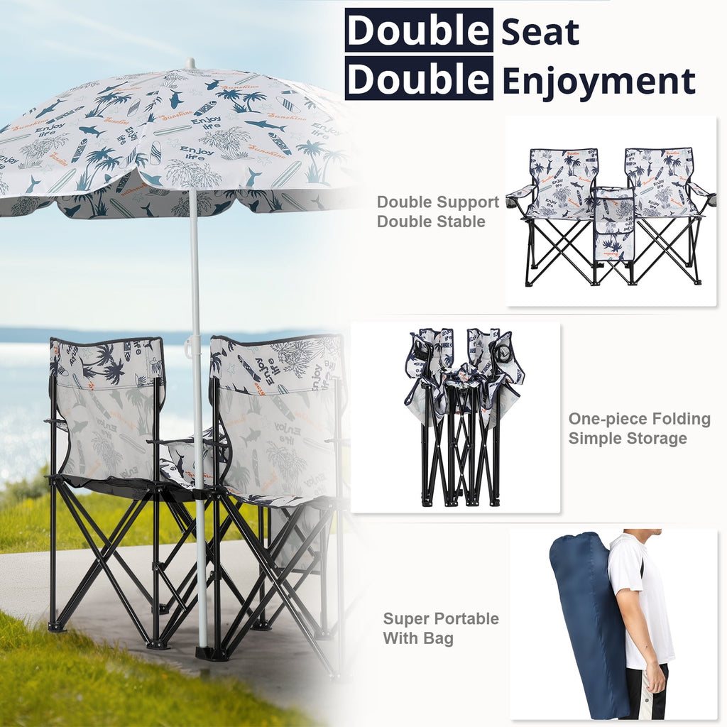 Ktaxon Camping Loveseat Chair, Folding Double Outdoor Chair with Removable Sun Umbrella & Carrying Bag, Double Chairs with Cooler Bag for Lawn Fishing Outdoor, Gray