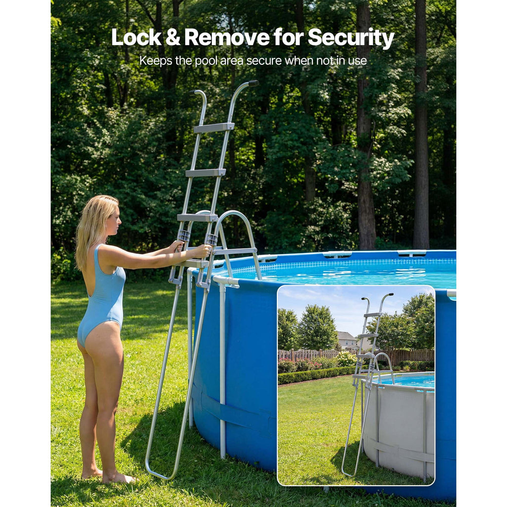 KFFKFF 4-Step Steel A-Frame Pool Ladder for Above-Ground Pools, Designed for 48-Inch Walls, 300 lbs Weight Capacity, Non-Slip Wide Steps, Easy Assembly, Gray and White