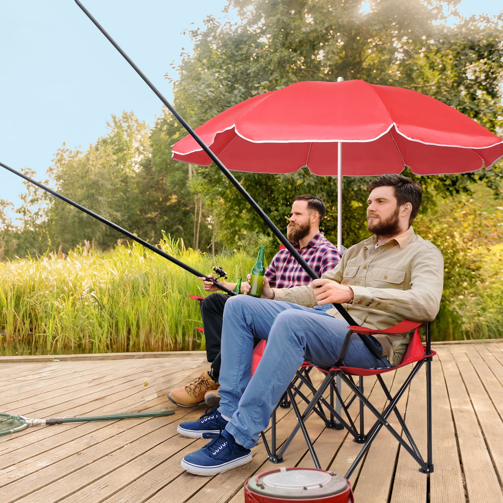 Ktaxon Camping Loveseat Chair, Folding Double Outdoor Chair with Removable Sun Umbrella & Carrying Bag, Double Chairs with Cooler Bag for Lawn Fishing Outdoor, Gray