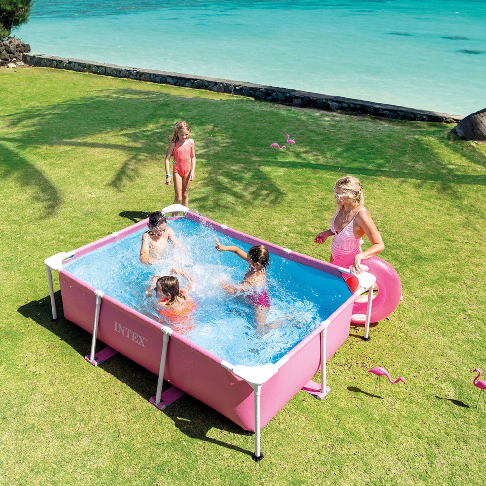 INTEX Rectangular Metal Frame 7ft x 23in Above Ground Swimming Pool, Pink